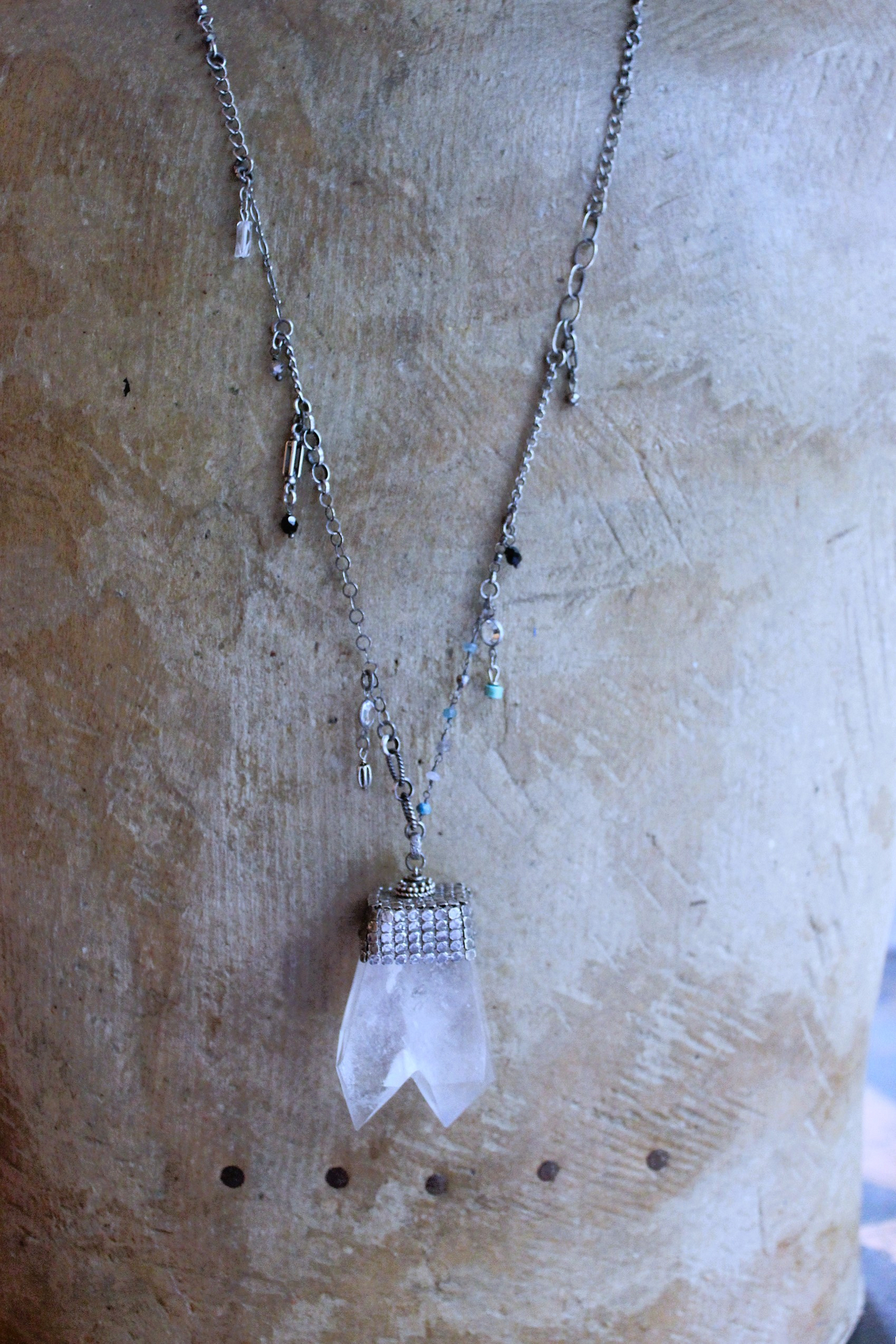 NEW! Single Soul Necklace with Amazing & Rare Double Point Clear Rock Quartz Pendant w/Sterling Mesh Cap,Sterling Chain Fragment Chain, Multiple Drops