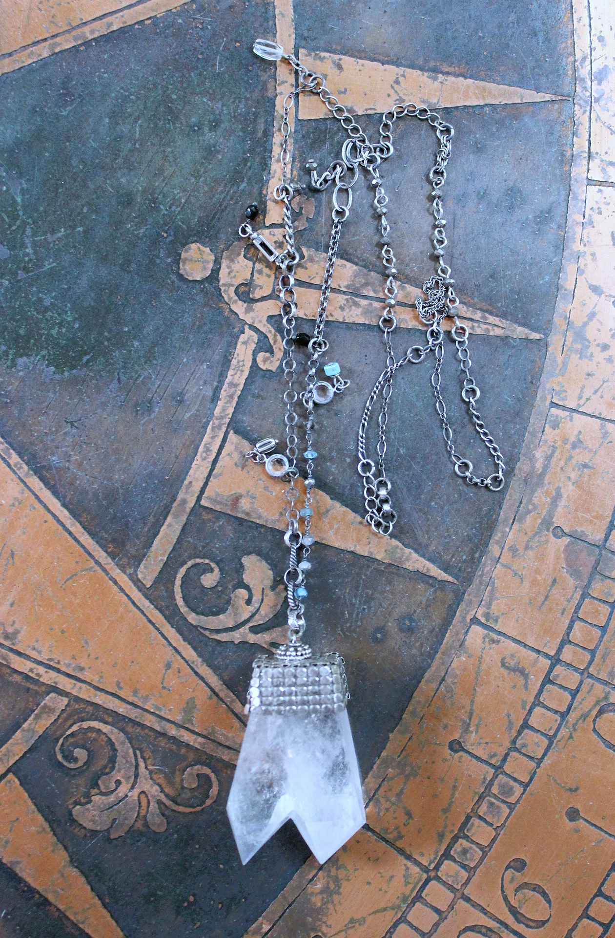 NEW! Single Soul Necklace with Amazing & Rare Double Point Clear Rock Quartz Pendant w/Sterling Mesh Cap,Sterling Chain Fragment Chain, Multiple Drops