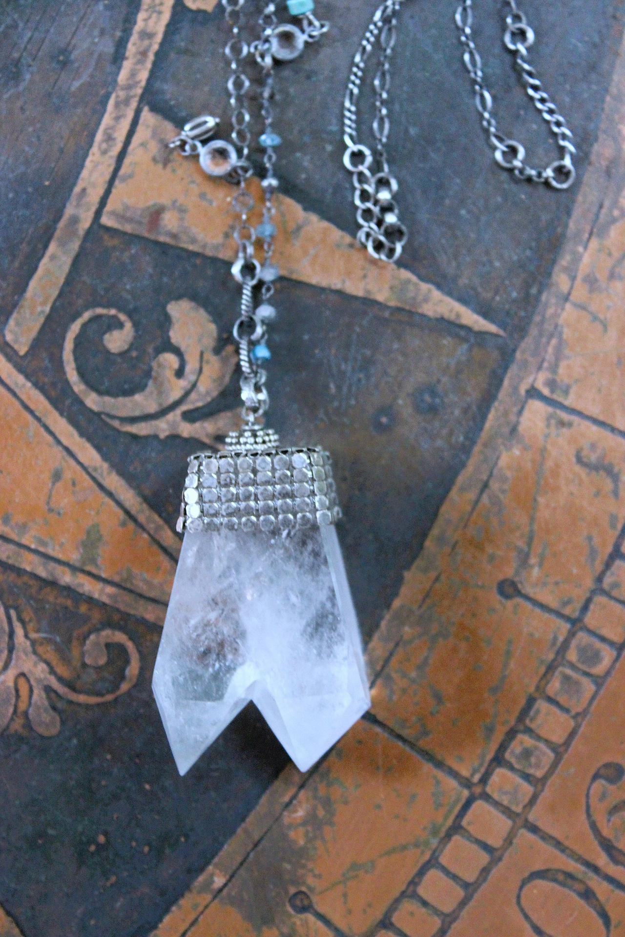NEW! Single Soul Necklace with Amazing & Rare Double Point Clear Rock Quartz Pendant w/Sterling Mesh Cap,Sterling Chain Fragment Chain, Multiple Drops