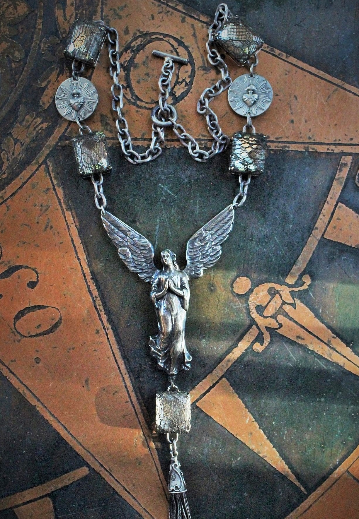 Pure Angel Necklace w/Cast Bronze Winged Angel,Vintage Lace Overlay Faceted Prong Set Glass,French Sacred Heart Medals, Antique Sterling Chain