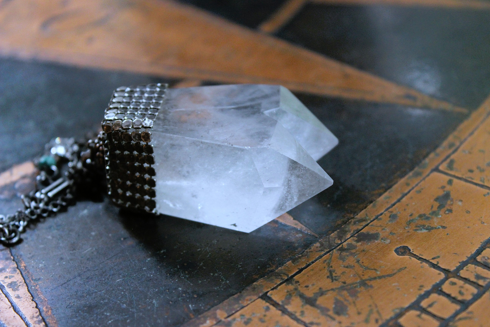 NEW! Single Soul Necklace with Amazing & Rare Double Point Clear Rock Quartz Pendant w/Sterling Mesh Cap,Sterling Chain Fragment Chain, Multiple Drops