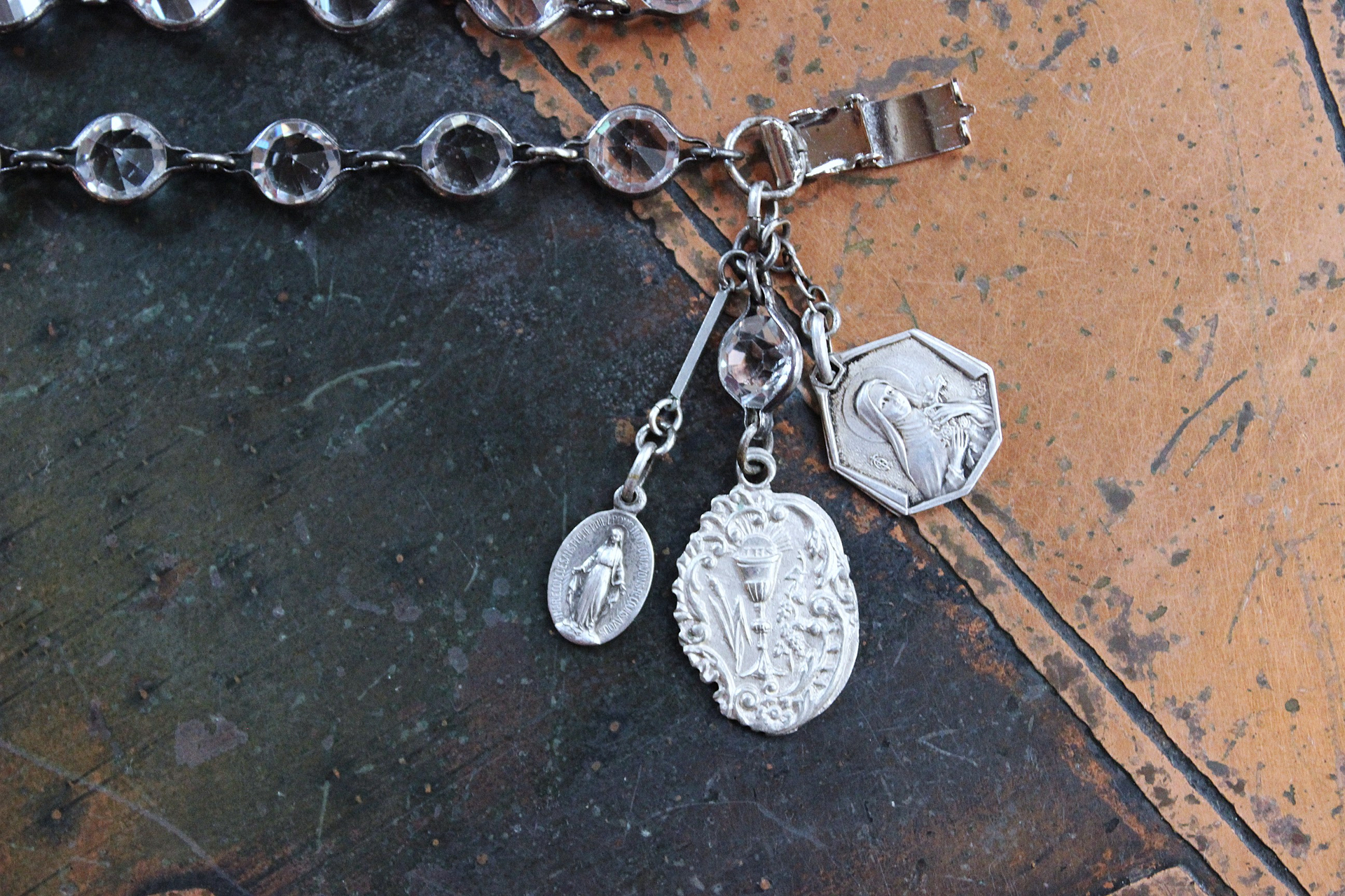 NEW! Unique Bezel Set Faceted Pointed Crystal Bracelet Set with Antique French Medals