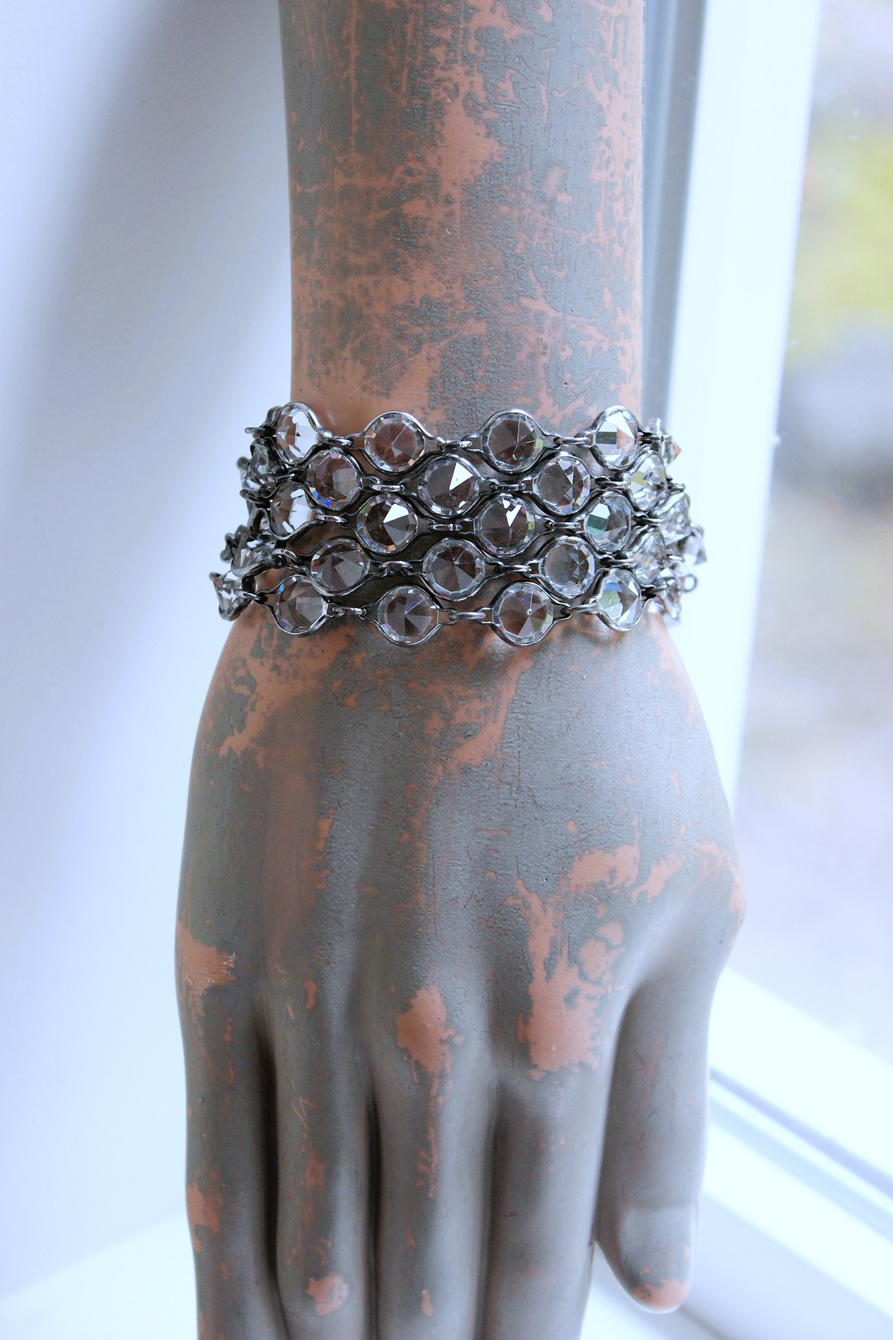 NEW! Unique Bezel Set Faceted Pointed Crystal Bracelet Set with Antique French Medals