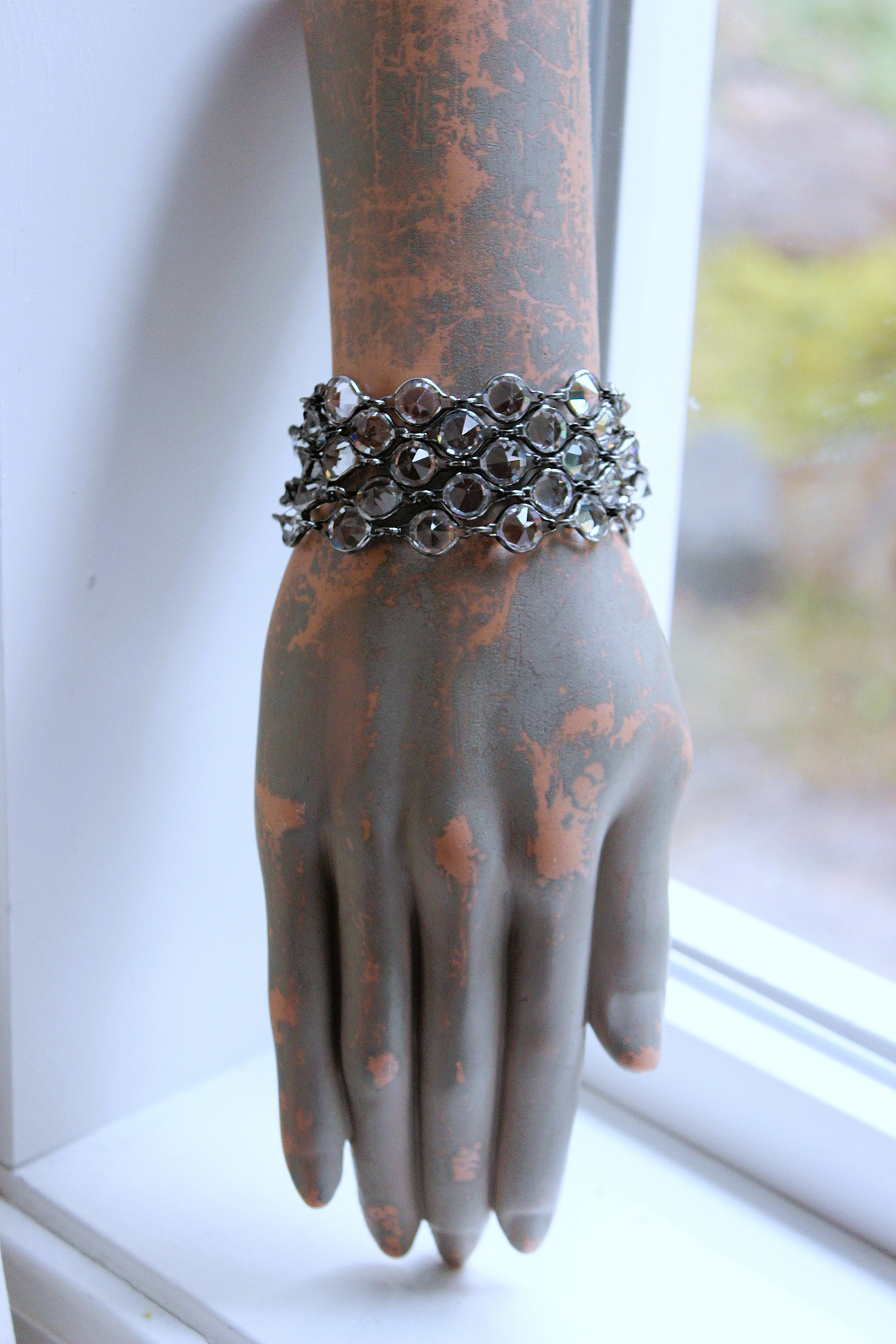 NEW! Unique Bezel Set Faceted Pointed Crystal Bracelet Set with Antique French Medals