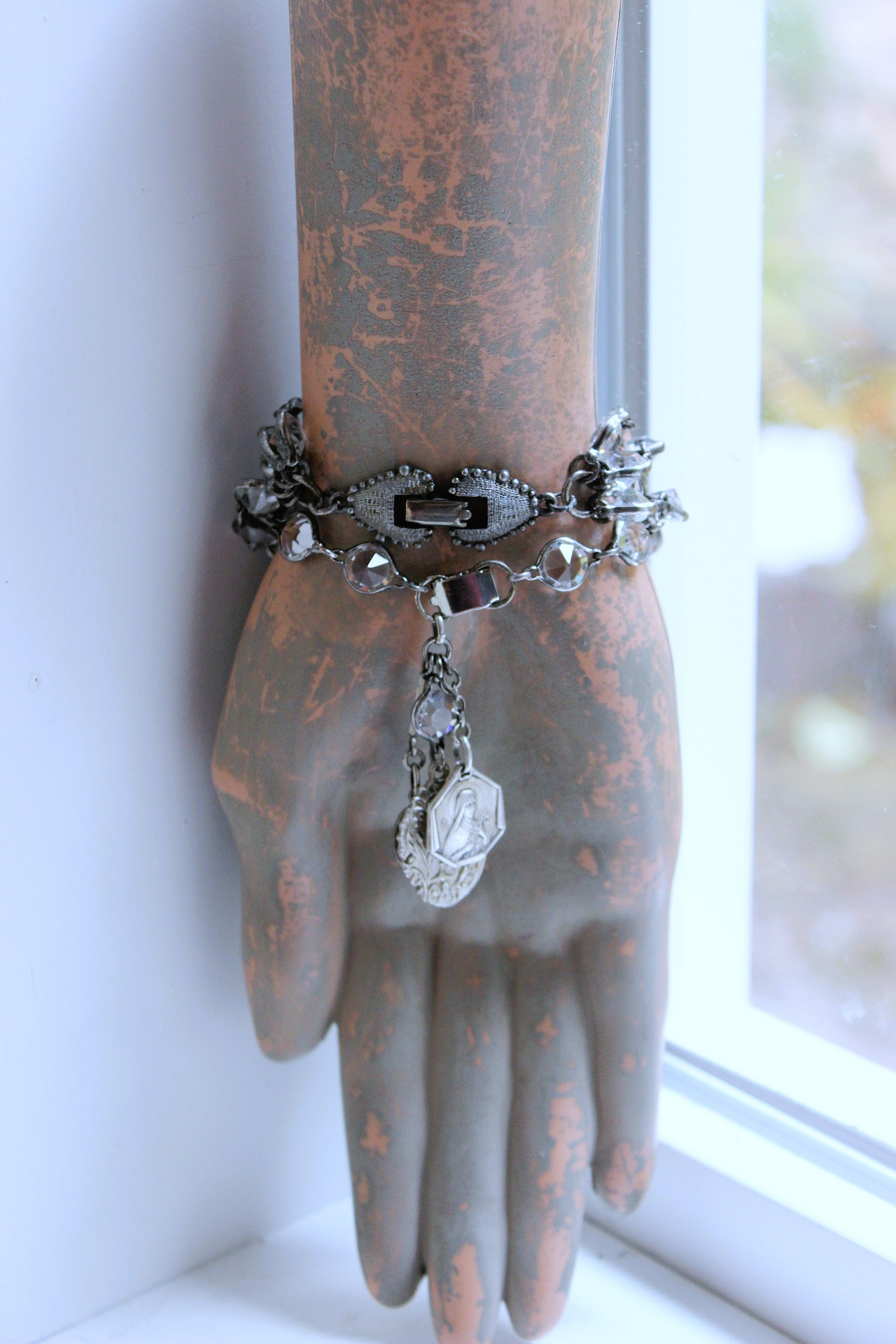 NEW! Unique Bezel Set Faceted Pointed Crystal Bracelet Set with Antique French Medals