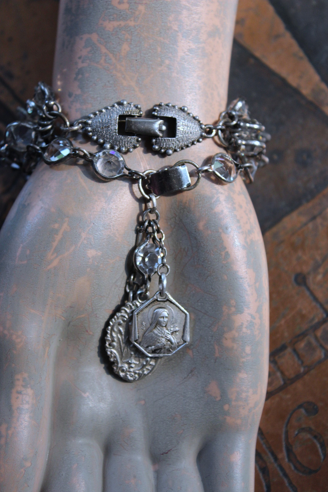 NEW! Unique Bezel Set Faceted Pointed Crystal Bracelet Set with Antique French Medals