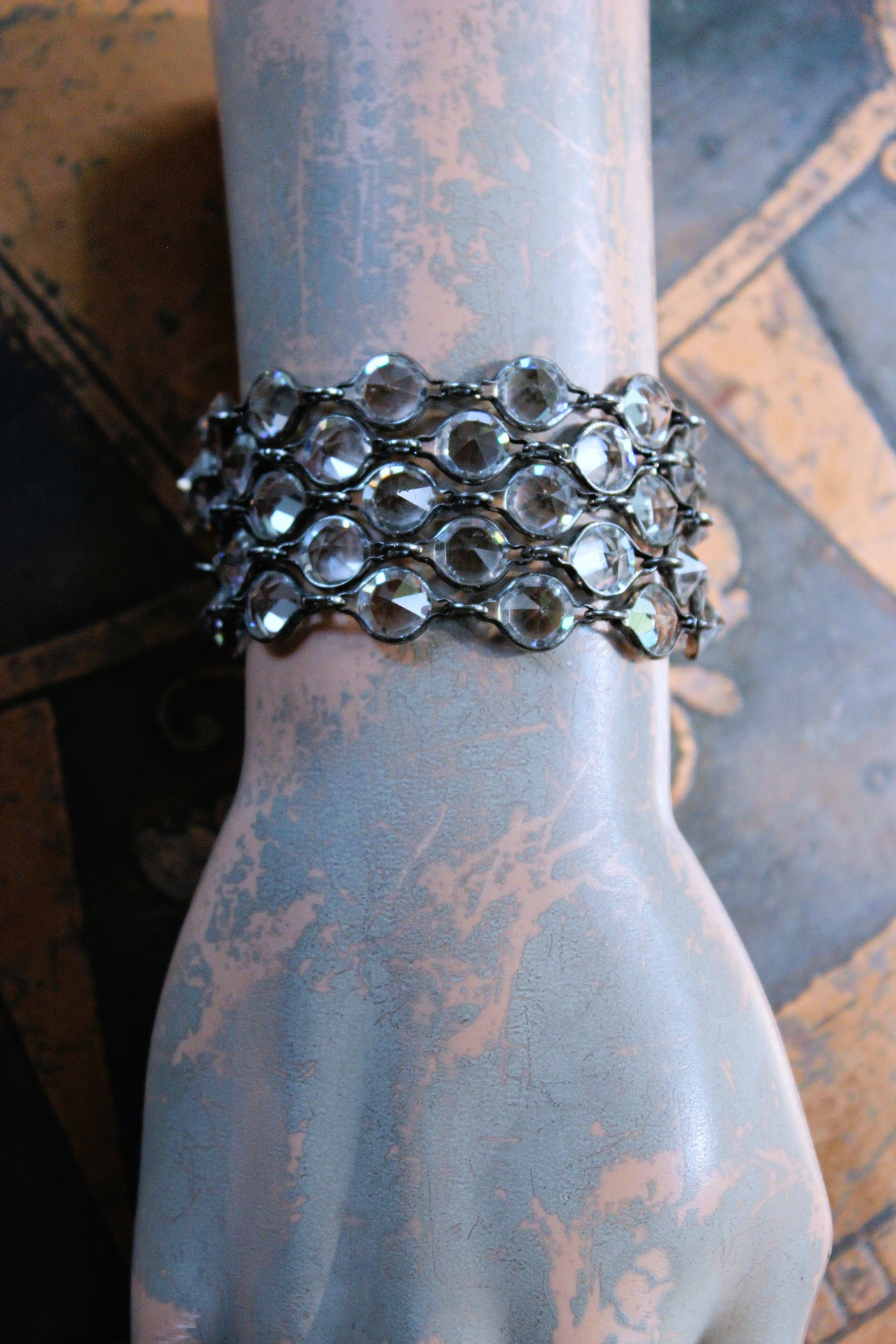NEW! Unique Bezel Set Faceted Pointed Crystal Bracelet Set with Antique French Medals
