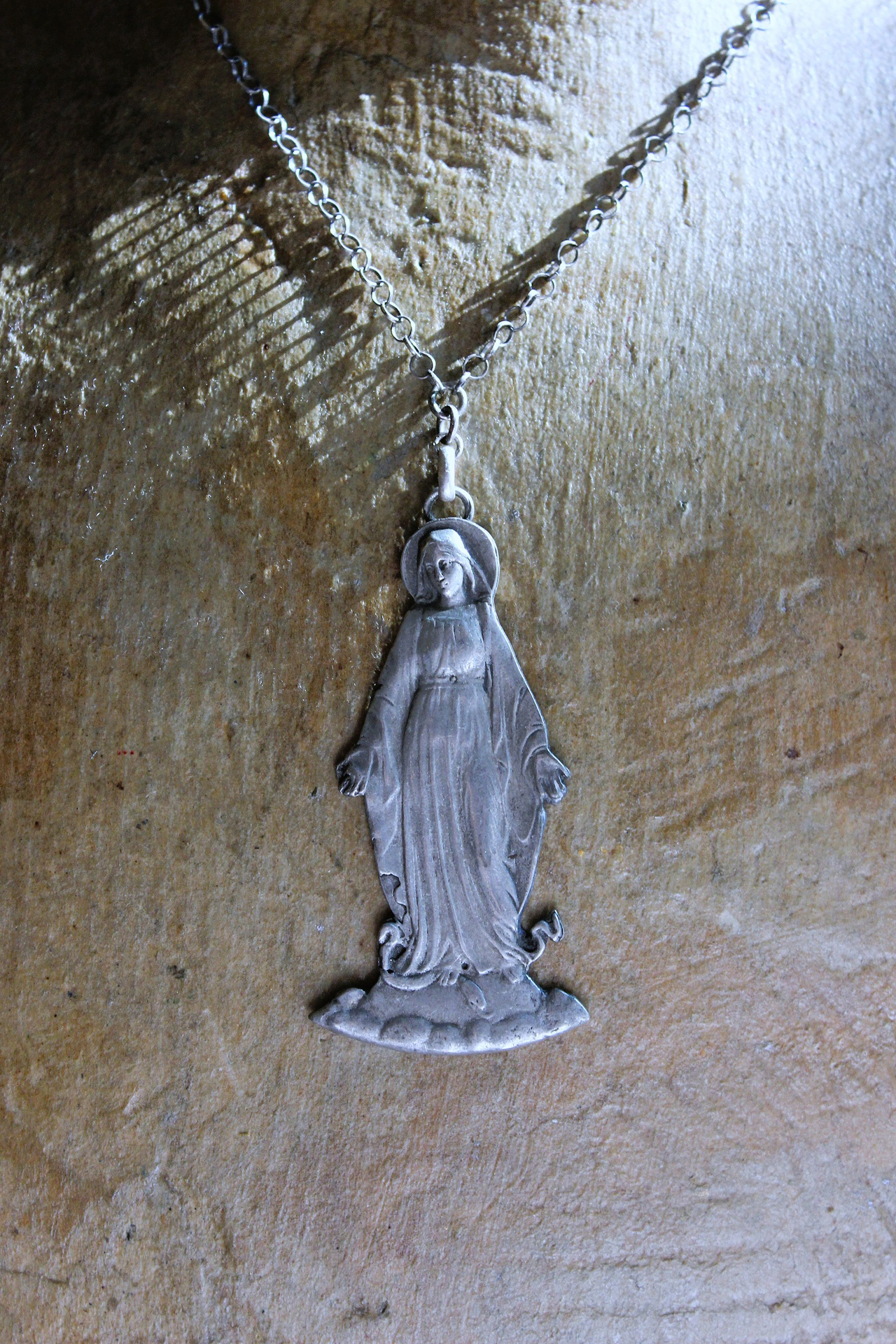 NEW!  The Genesis of Love Necklace with Rare Virgin Mary and Serpent Pendant, Sterling Rolo Chain & Clasp