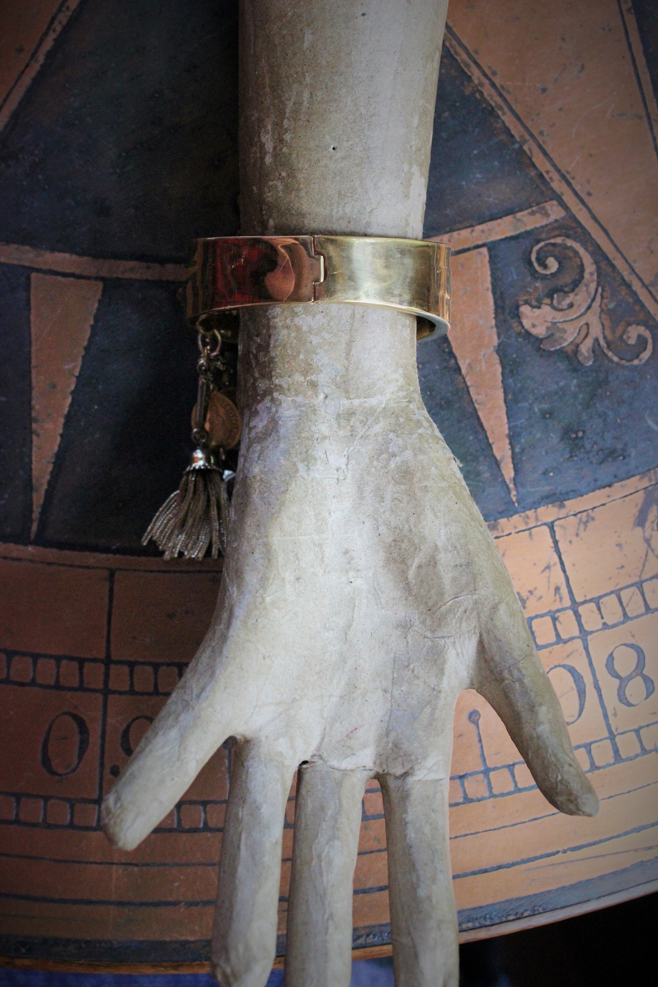 SOLD to K Unique Sterling Vermeil Faceted Herkimer Diamond Cuff w/Rare Antique Gilt Penin Lyon Sacred Heart Medal,Antique Faceted Rock Crystal Tear Drop,Antique Foxtail Chain Tassel +More!