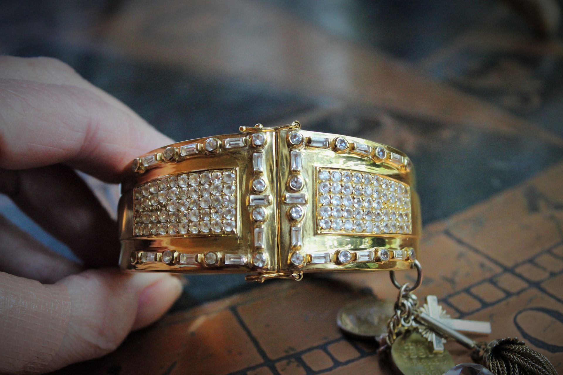 SOLD to K Unique Sterling Vermeil Faceted Herkimer Diamond Cuff w/Rare Antique Gilt Penin Lyon Sacred Heart Medal,Antique Faceted Rock Crystal Tear Drop,Antique Foxtail Chain Tassel +More!