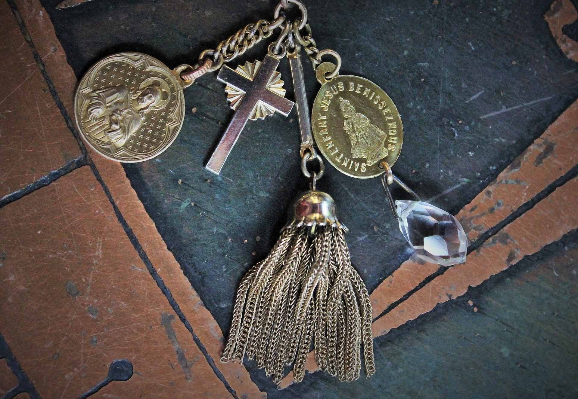 SOLD to K Unique Sterling Vermeil Faceted Herkimer Diamond Cuff w/Rare Antique Gilt Penin Lyon Sacred Heart Medal,Antique Faceted Rock Crystal Tear Drop,Antique Foxtail Chain Tassel +More!