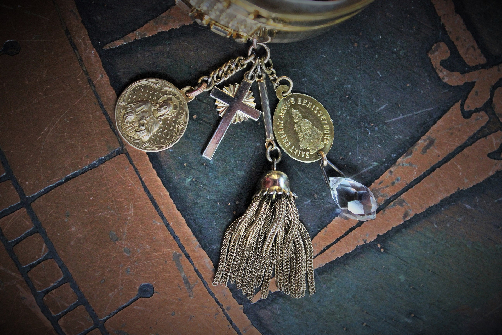 SOLD to K Unique Sterling Vermeil Faceted Herkimer Diamond Cuff w/Rare Antique Gilt Penin Lyon Sacred Heart Medal,Antique Faceted Rock Crystal Tear Drop,Antique Foxtail Chain Tassel +More!