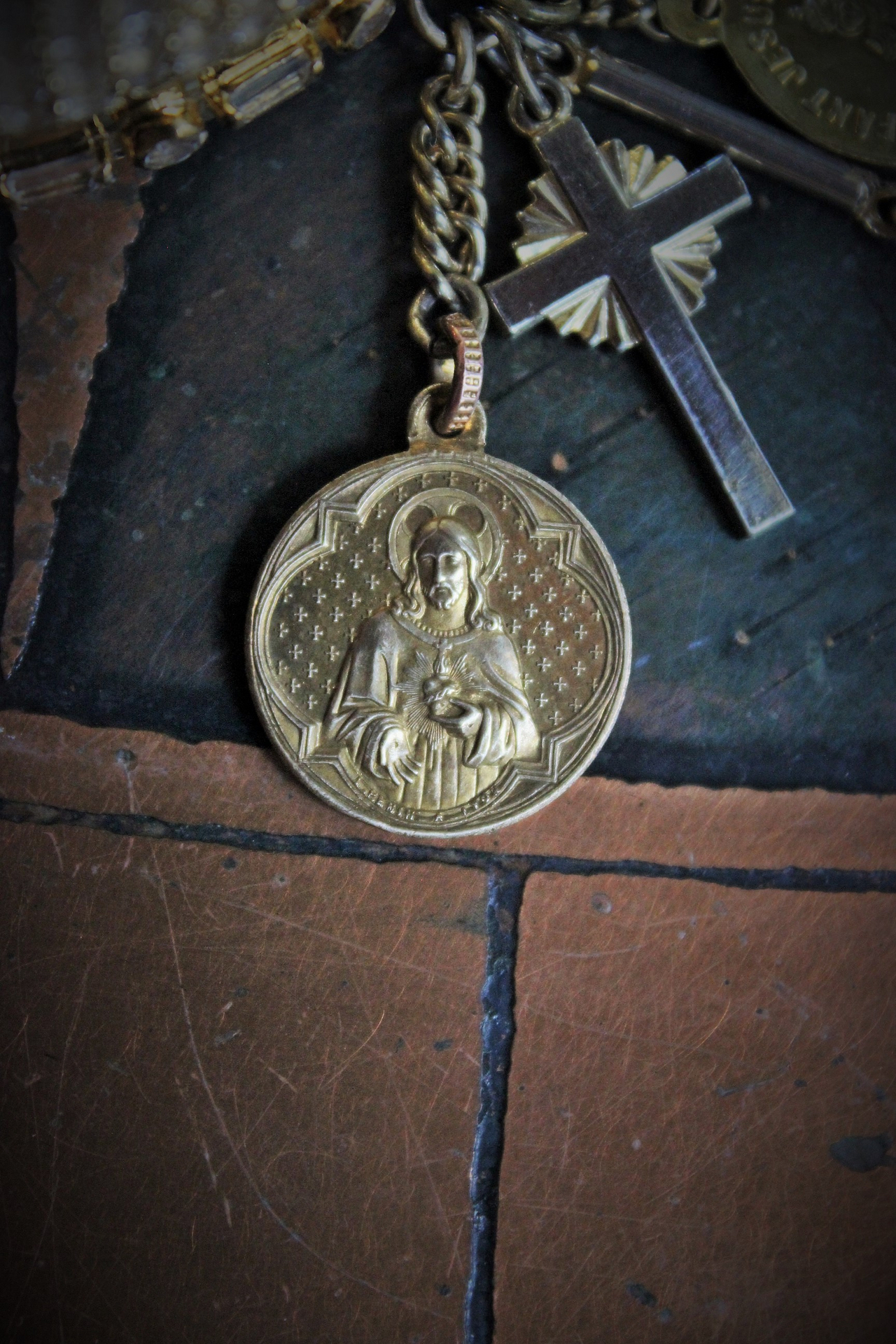 SOLD to K Unique Sterling Vermeil Faceted Herkimer Diamond Cuff w/Rare Antique Gilt Penin Lyon Sacred Heart Medal,Antique Faceted Rock Crystal Tear Drop,Antique Foxtail Chain Tassel +More!