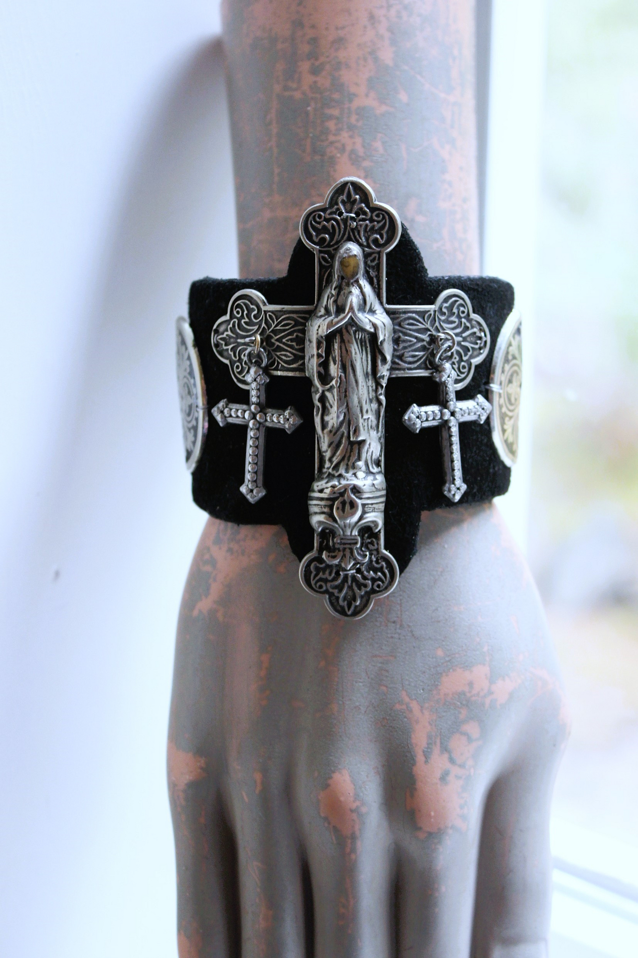 NEW! OOAK Marian Cross Cuff Bracelet with Unique Dimensional Cross,Antique Sterling Medallions,Bead Point Crosses