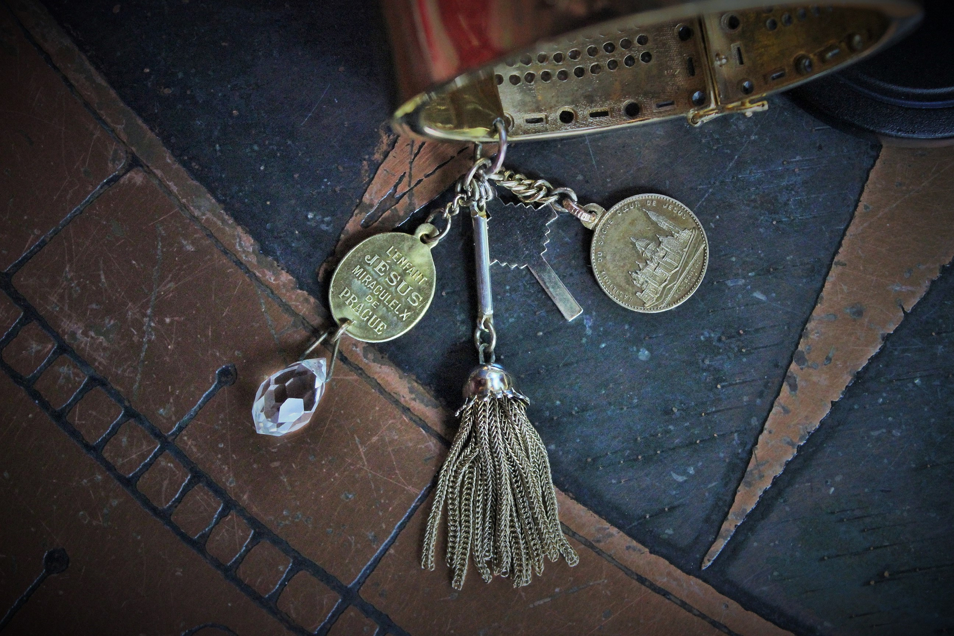 SOLD to K Unique Sterling Vermeil Faceted Herkimer Diamond Cuff w/Rare Antique Gilt Penin Lyon Sacred Heart Medal,Antique Faceted Rock Crystal Tear Drop,Antique Foxtail Chain Tassel +More!