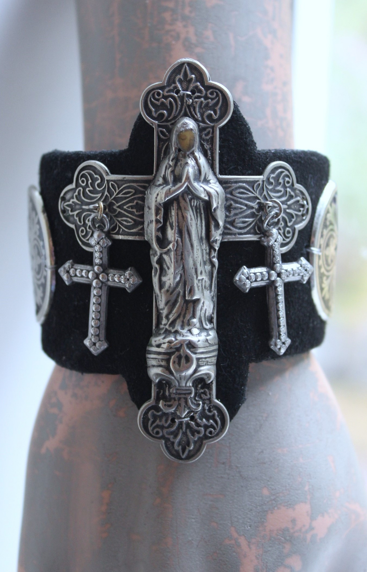 NEW! OOAK Marian Cross Cuff Bracelet with Unique Dimensional Cross,Antique Sterling Medallions,Bead Point Crosses