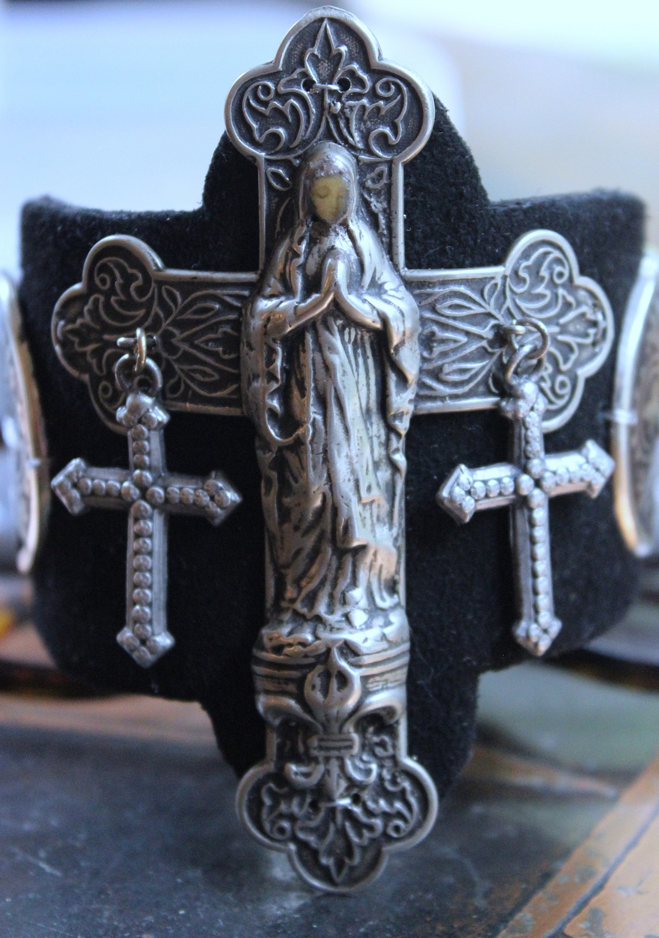 NEW! OOAK Marian Cross Cuff Bracelet with Unique Dimensional Cross,Antique Sterling Medallions,Bead Point Crosses