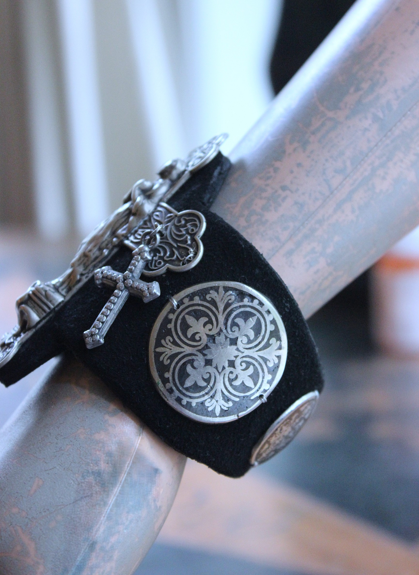 NEW! OOAK Marian Cross Cuff Bracelet with Unique Dimensional Cross,Antique Sterling Medallions,Bead Point Crosses