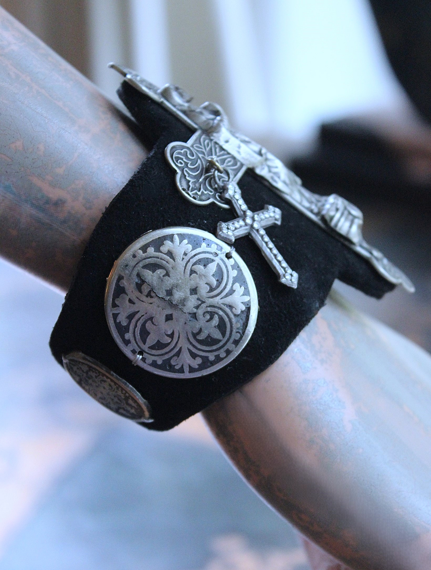 NEW! OOAK Marian Cross Cuff Bracelet with Unique Dimensional Cross,Antique Sterling Medallions,Bead Point Crosses