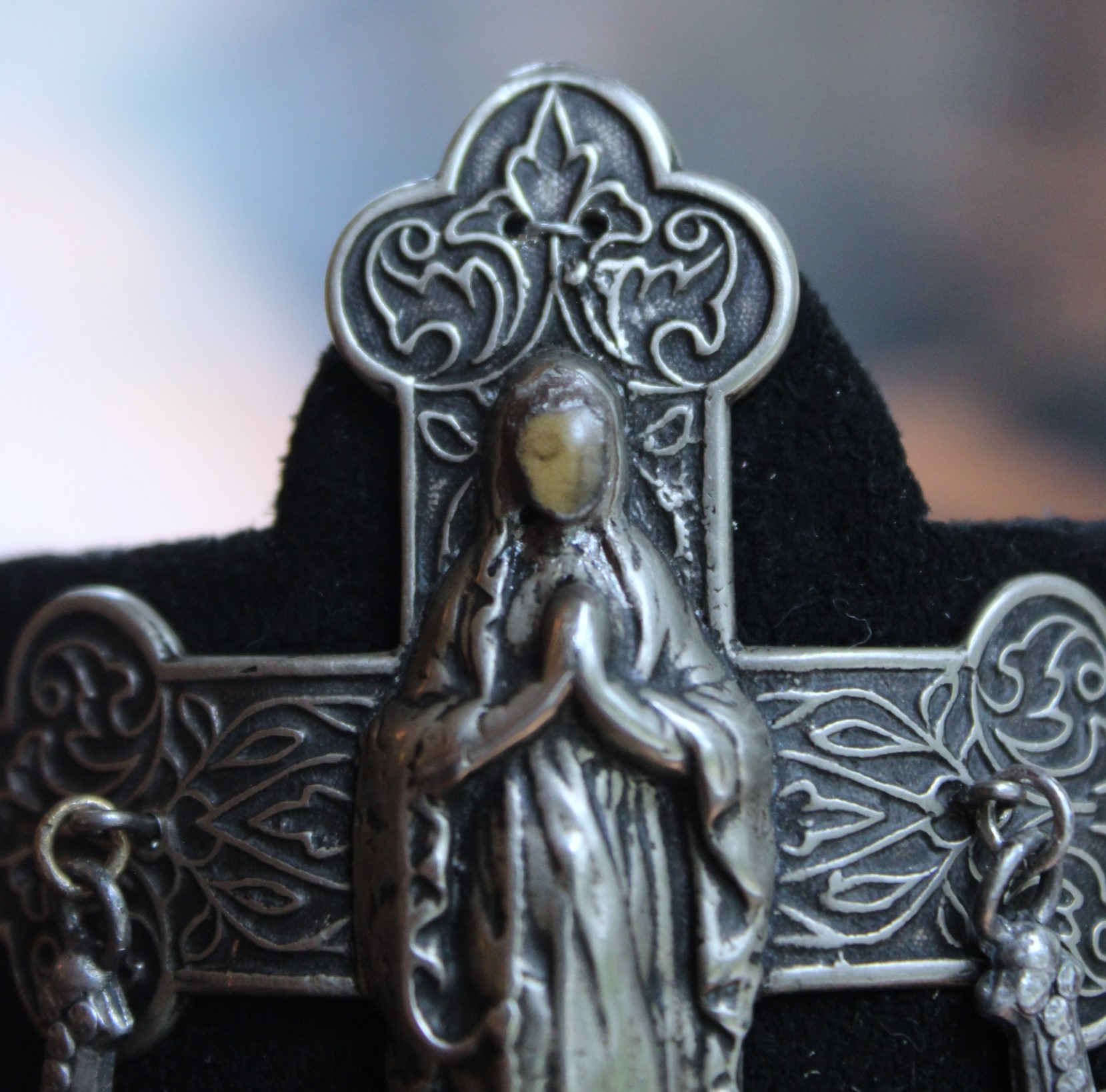 NEW! OOAK Marian Cross Cuff Bracelet with Unique Dimensional Cross,Antique Sterling Medallions,Bead Point Crosses