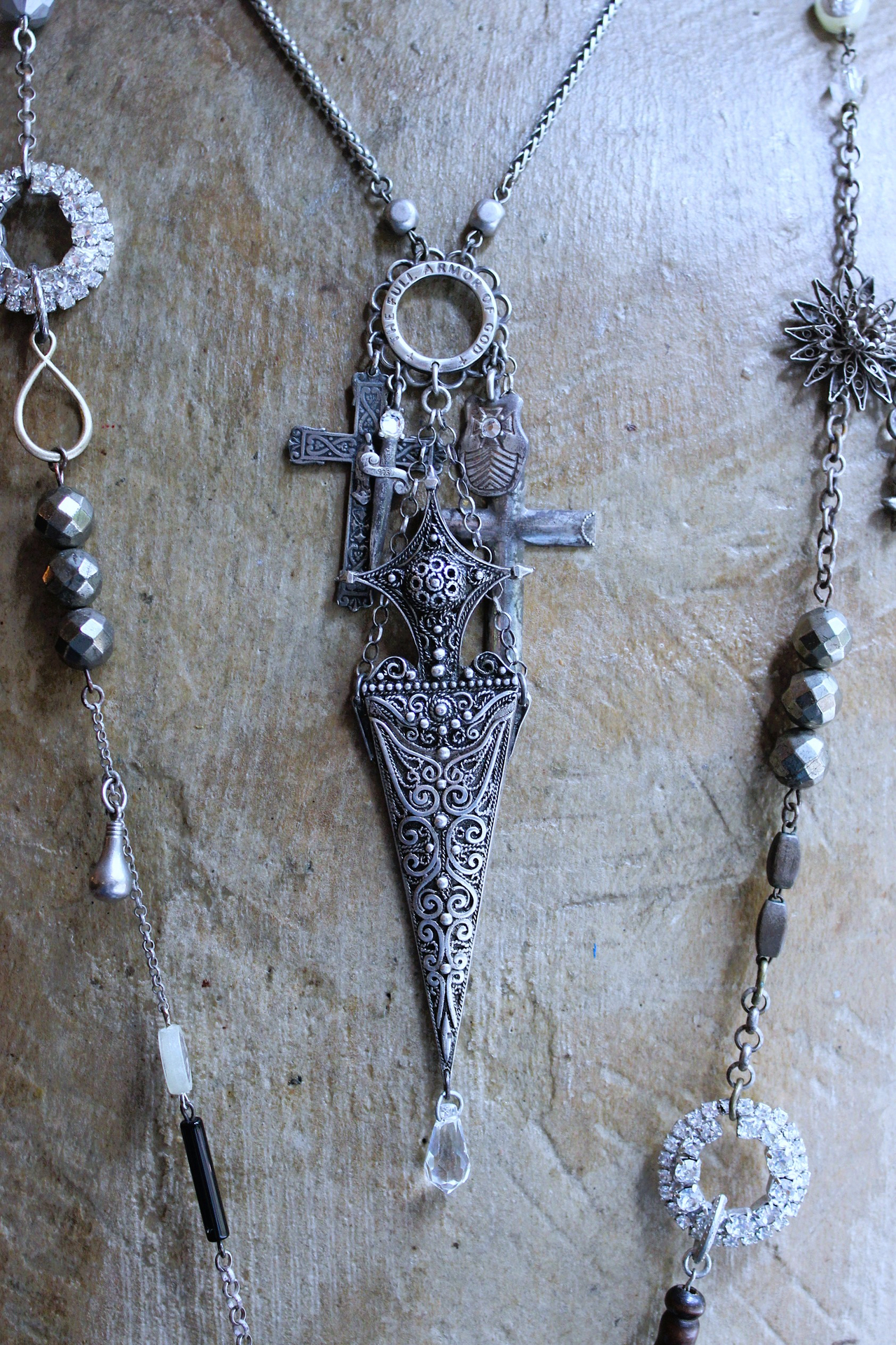 NEW! The Armor of God Necklace with Antique Sterling Filigree Sword & Sheath, Sterling Engraved Connector,Sterling Shield & Dagger