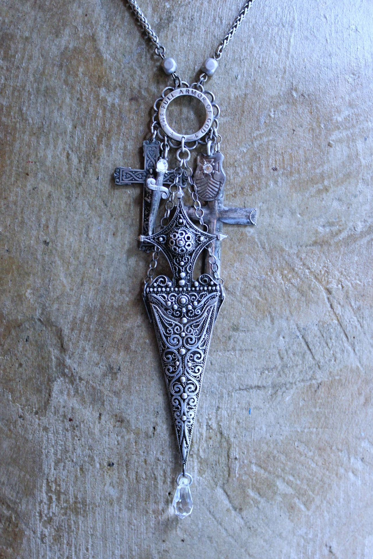 NEW! The Armor of God Necklace with Antique Sterling Filigree Sword & Sheath, Sterling Engraved Connector,Sterling Shield & Dagger