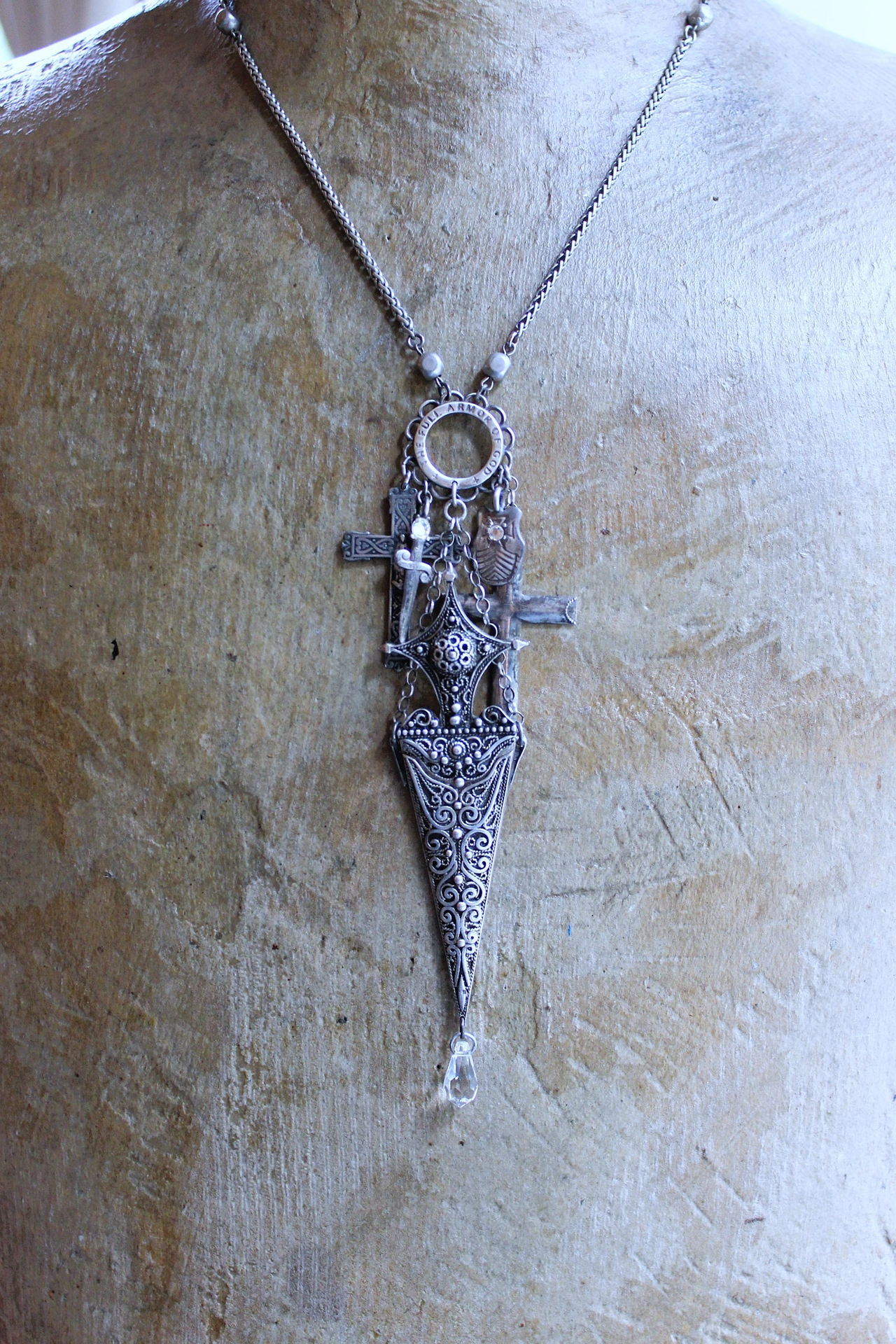 NEW! The Armor of God Necklace with Antique Sterling Filigree Sword & Sheath, Sterling Engraved Connector,Sterling Shield & Dagger