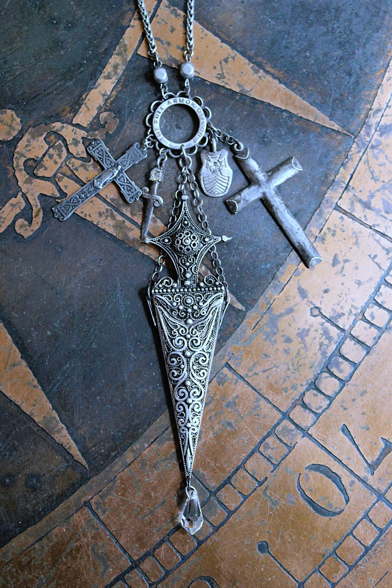 NEW! The Armor of God Necklace with Antique Sterling Filigree Sword & Sheath, Sterling Engraved Connector,Sterling Shield & Dagger
