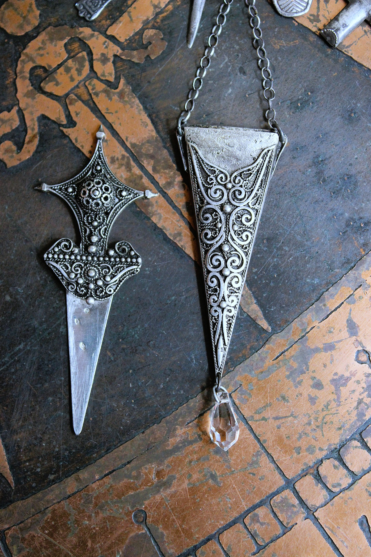 NEW! The Armor of God Necklace with Antique Sterling Filigree Sword & Sheath, Sterling Engraved Connector,Sterling Shield & Dagger