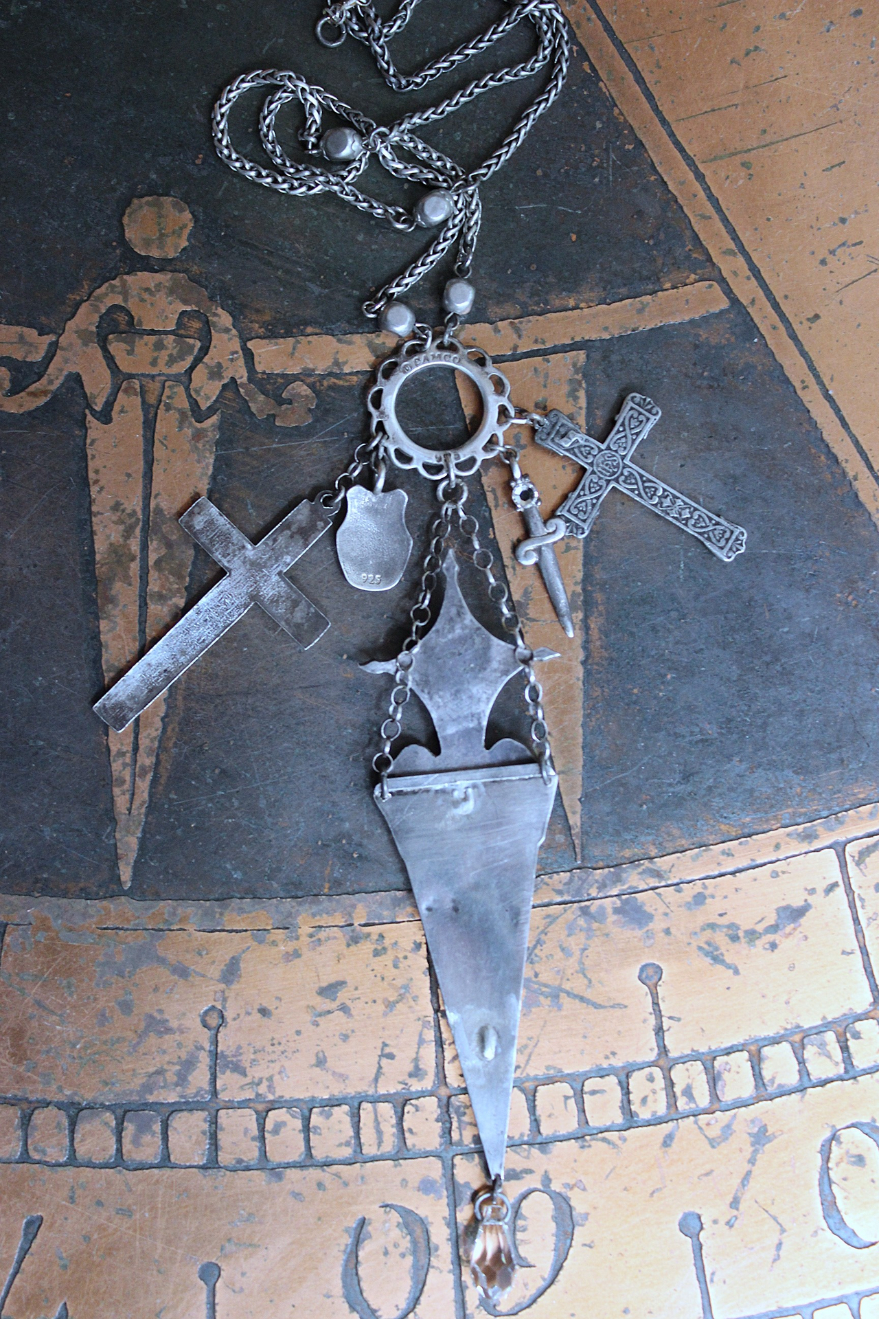 NEW! The Armor of God Necklace with Antique Sterling Filigree Sword & Sheath, Sterling Engraved Connector,Sterling Shield & Dagger