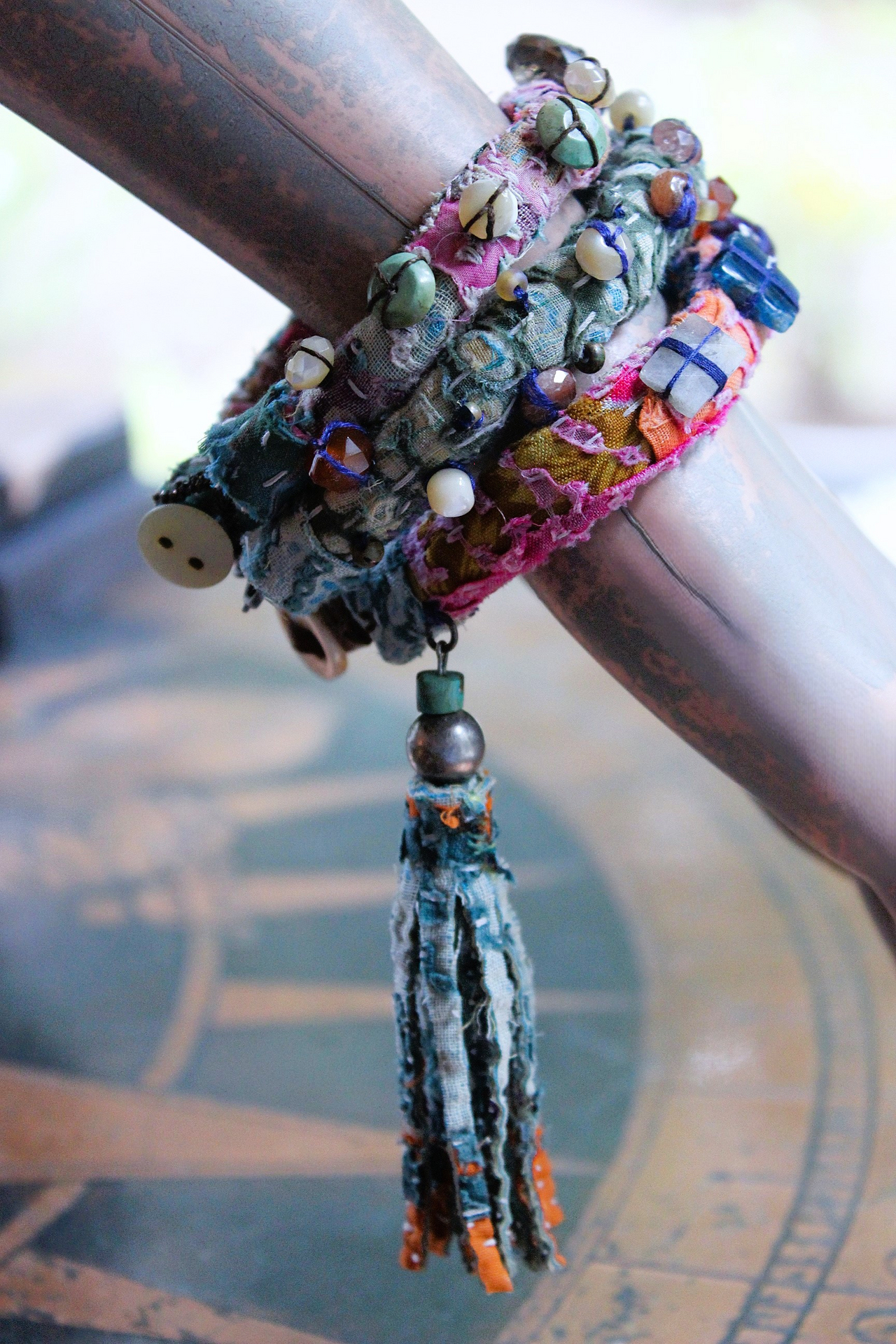 NEW! Set of 3 Antique Kantha Textile Bracelets with Faceted and Polished Gemstones,Kantha Tassel, Antique Buttons