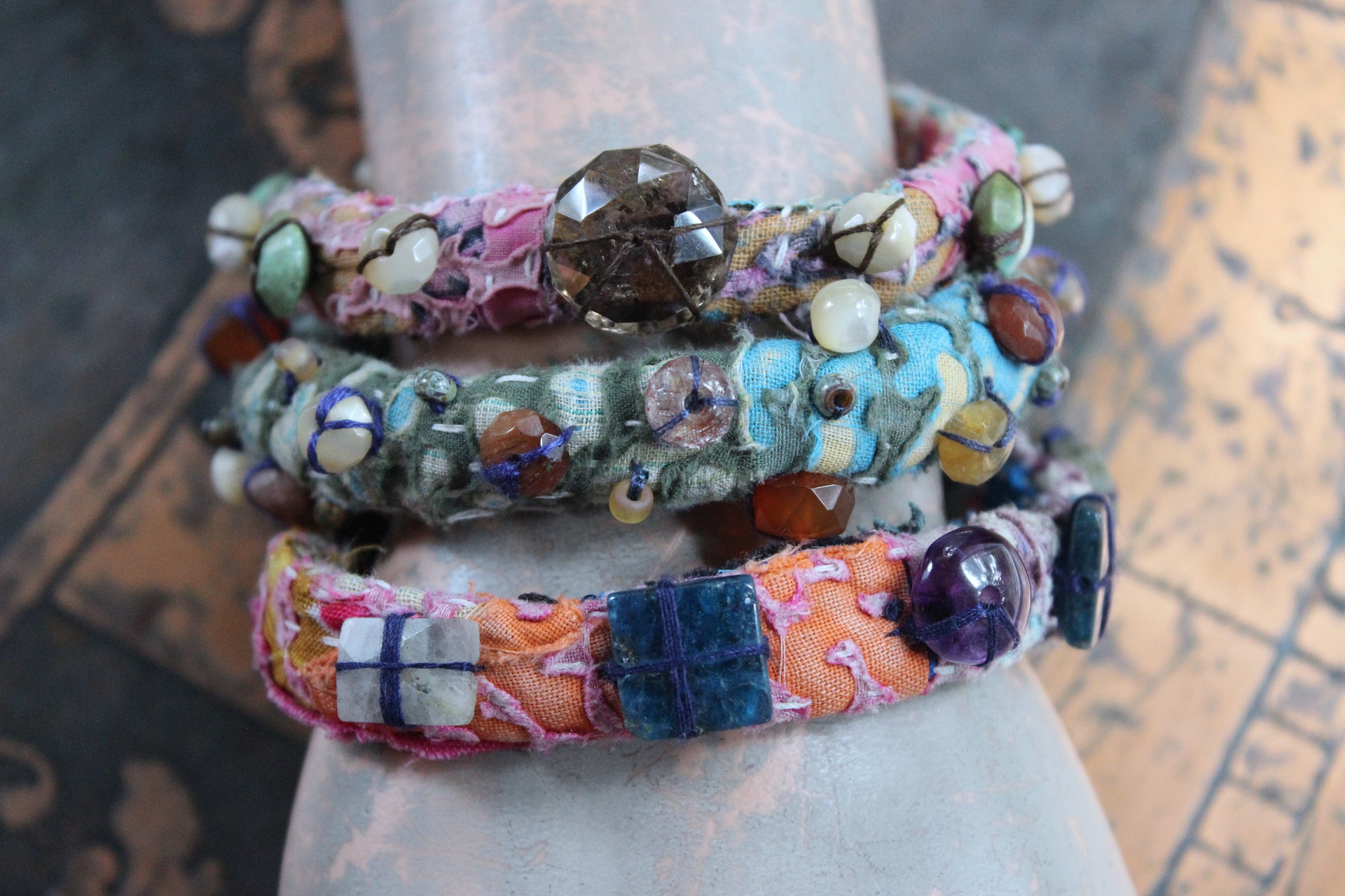 NEW! Set of 3 Antique Kantha Textile Bracelets with Faceted and Polished Gemstones,Kantha Tassel, Antique Buttons