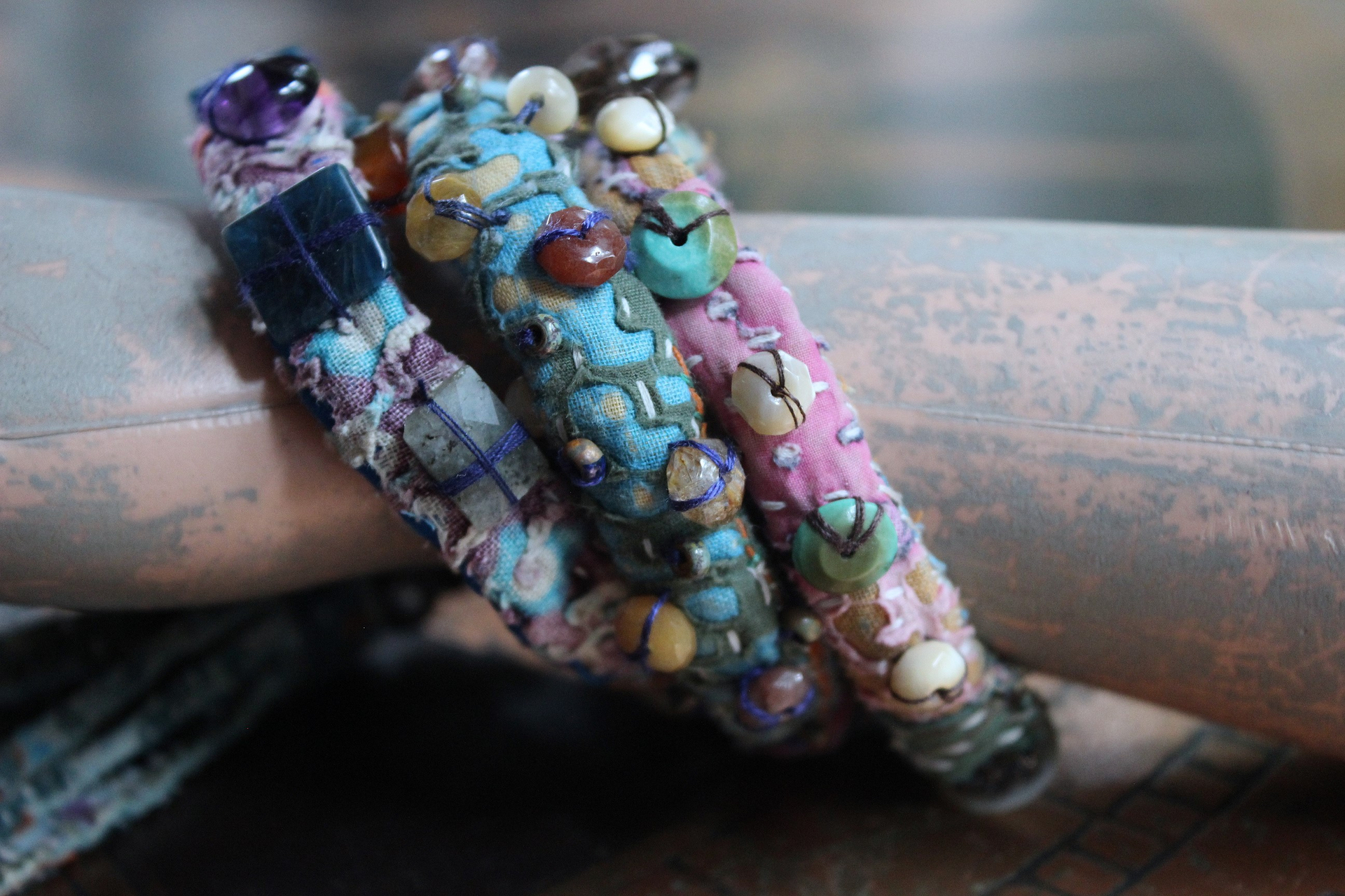 NEW! Set of 3 Antique Kantha Textile Bracelets with Faceted and Polished Gemstones,Kantha Tassel, Antique Buttons