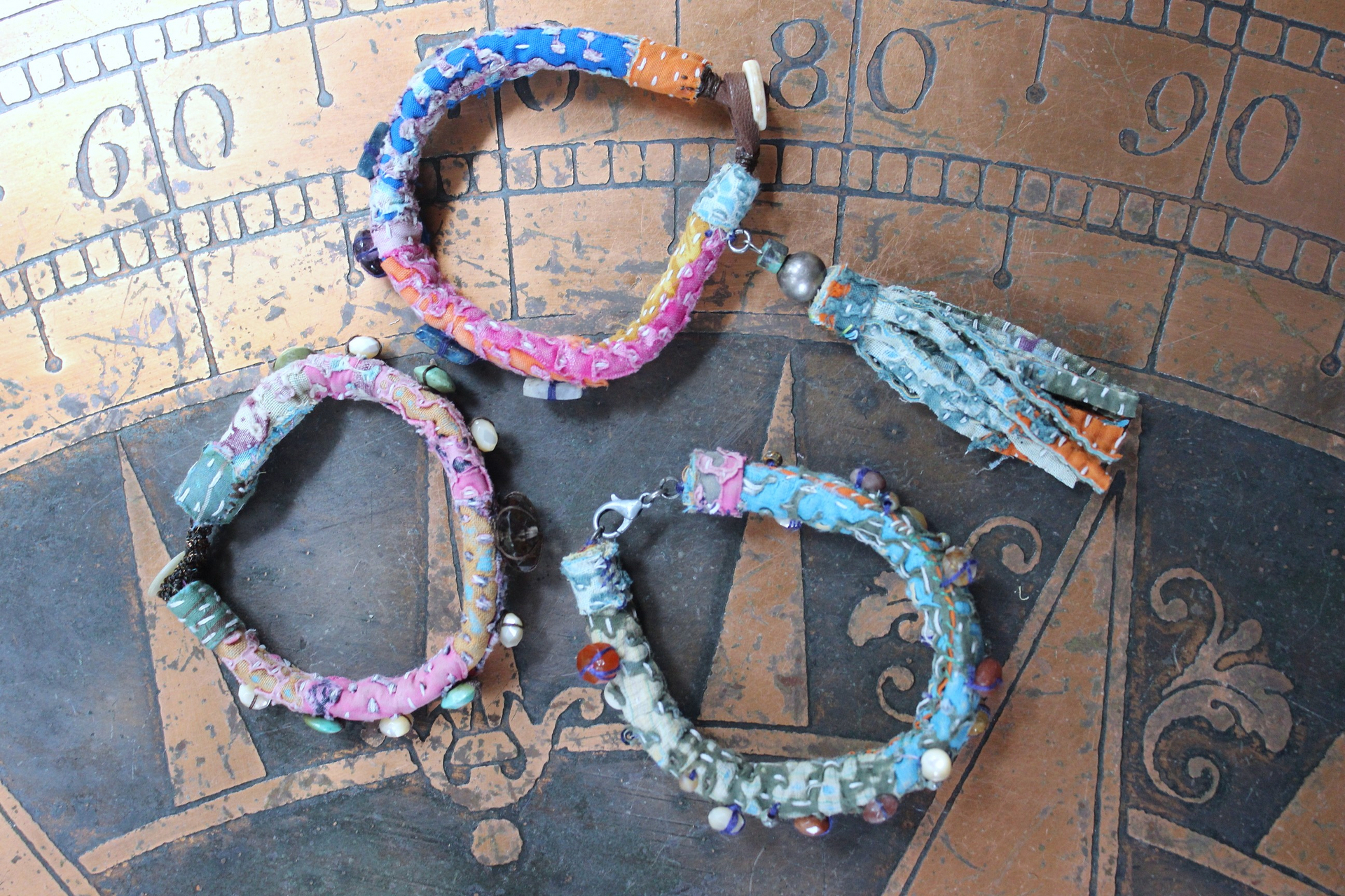 NEW! Set of 3 Antique Kantha Textile Bracelets with Faceted and Polished Gemstones,Kantha Tassel, Antique Buttons