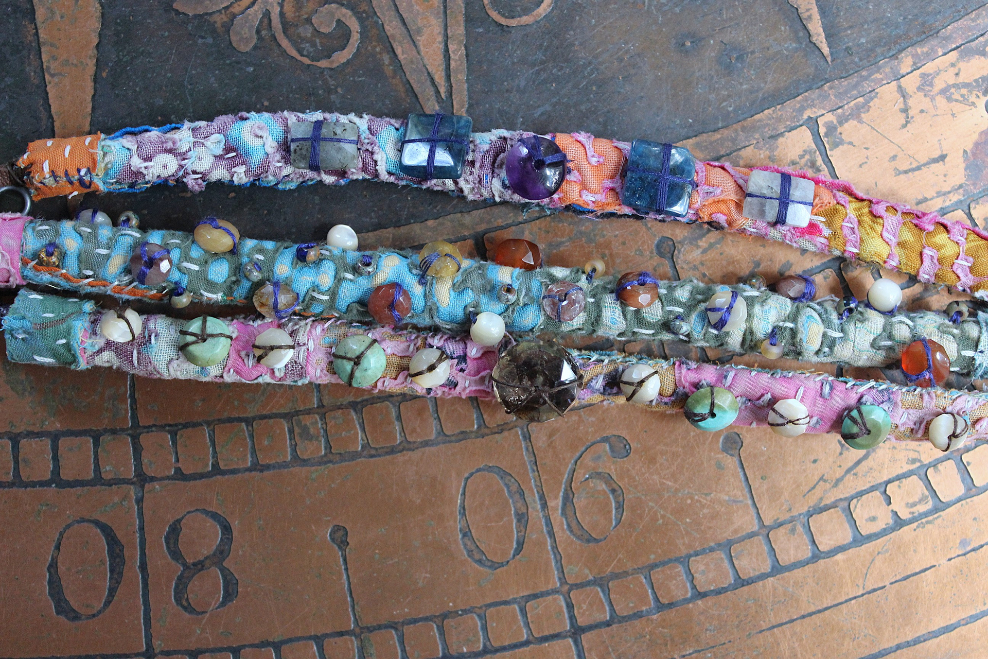 NEW! Set of 3 Antique Kantha Textile Bracelets with Faceted and Polished Gemstones,Kantha Tassel, Antique Buttons