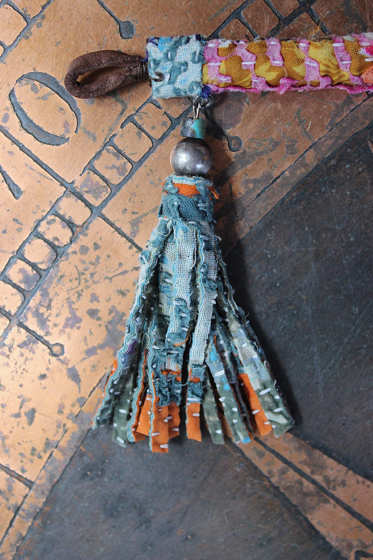 NEW! Set of 3 Antique Kantha Textile Bracelets with Faceted and Polished Gemstones,Kantha Tassel, Antique Buttons