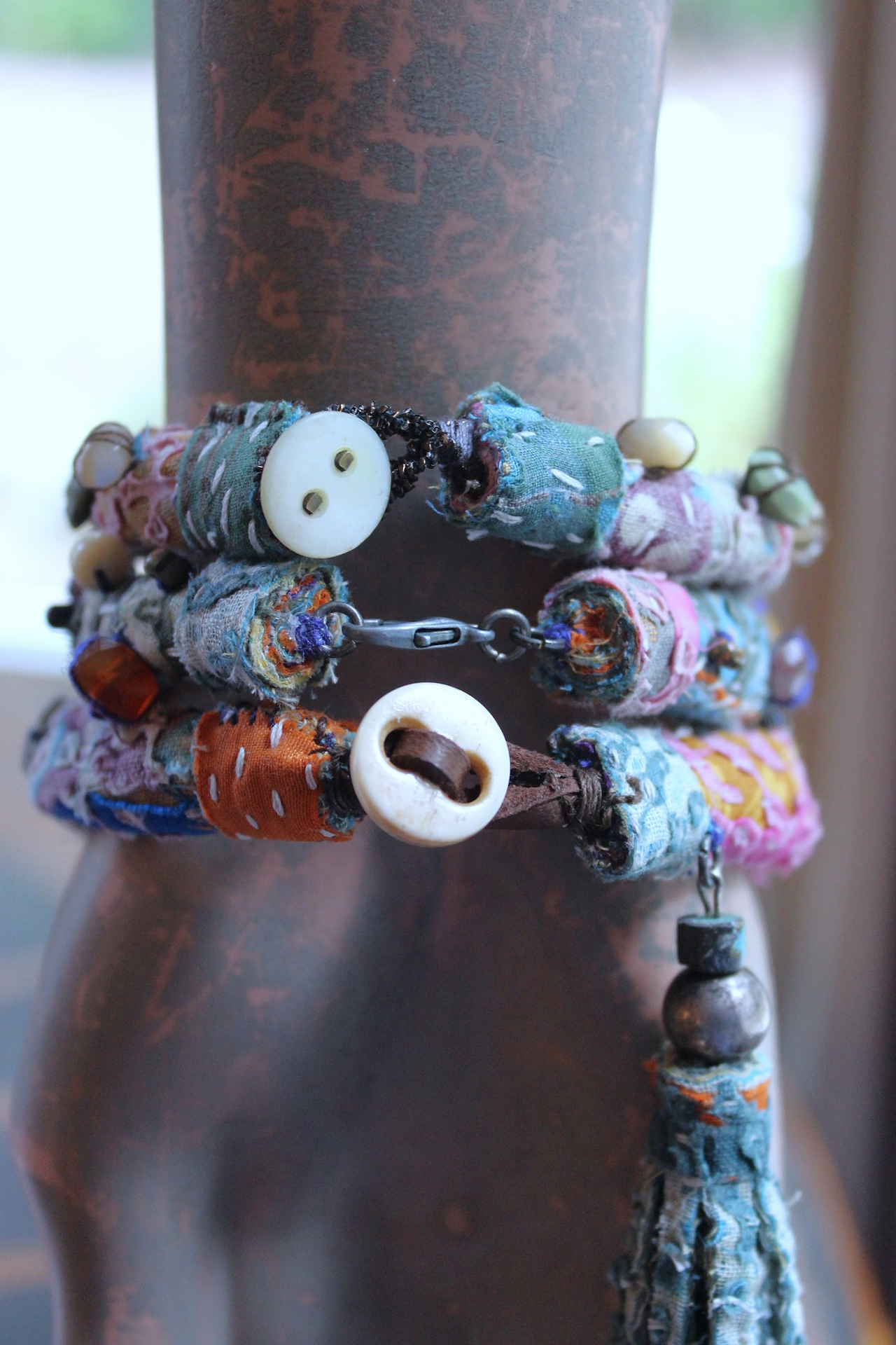 NEW! Set of 3 Antique Kantha Textile Bracelets with Faceted and Polished Gemstones,Kantha Tassel, Antique Buttons