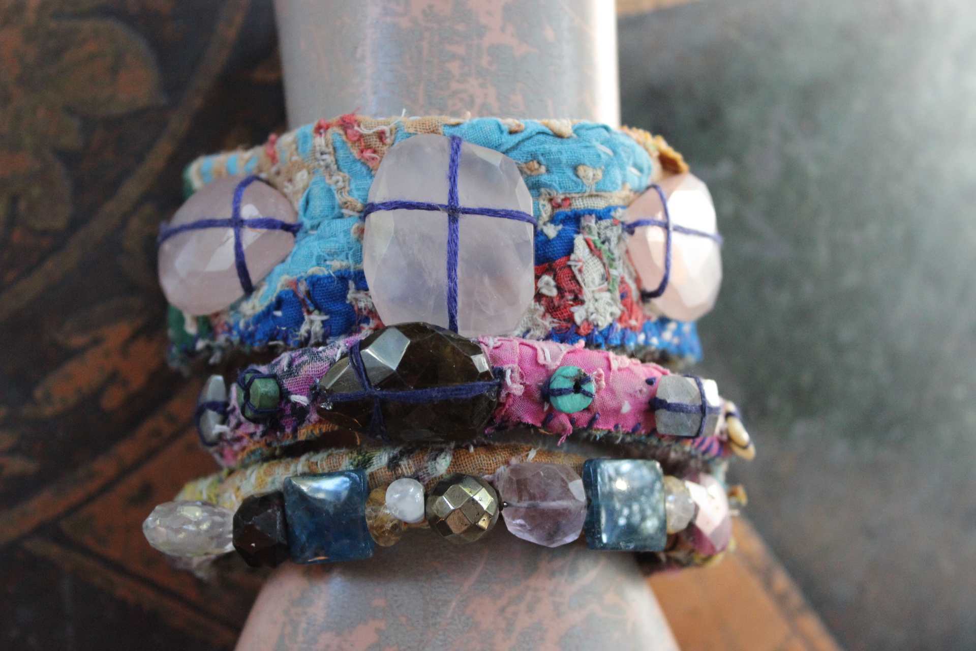 NEW! Set of 3 Antique Kantha Textile Bracelets with Faceted Tourmaline, Faceted and Polished Gemstones,Kantha Tassel, Shell Buttons