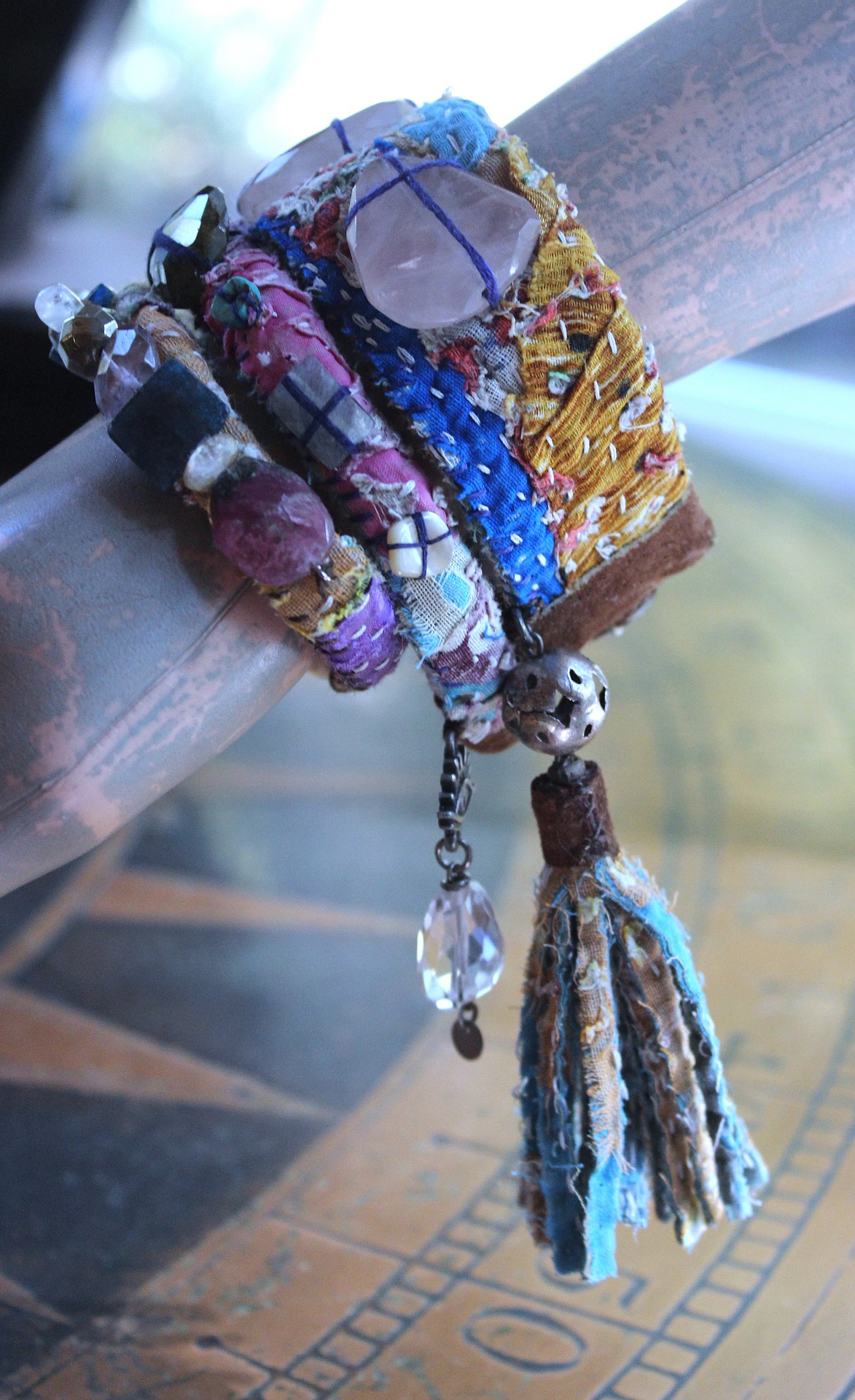 NEW! Set of 3 Antique Kantha Textile Bracelets with Faceted Tourmaline, Faceted and Polished Gemstones,Kantha Tassel, Shell Buttons
