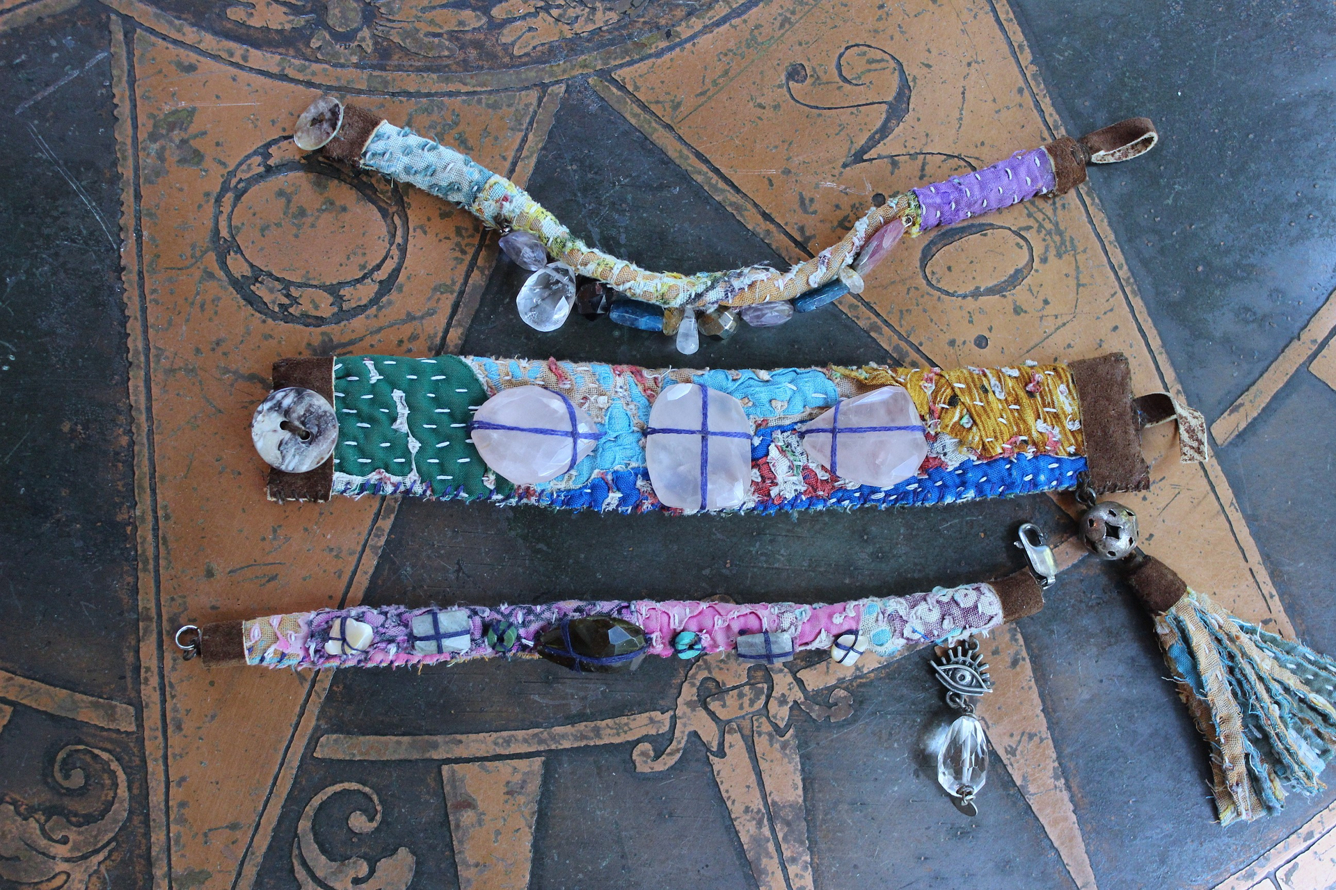 NEW! Set of 3 Antique Kantha Textile Bracelets with Faceted Tourmaline, Faceted and Polished Gemstones,Kantha Tassel, Shell Buttons