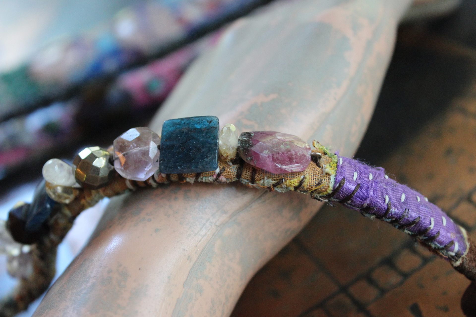 NEW! Set of 3 Antique Kantha Textile Bracelets with Faceted Tourmaline, Faceted and Polished Gemstones,Kantha Tassel, Shell Buttons