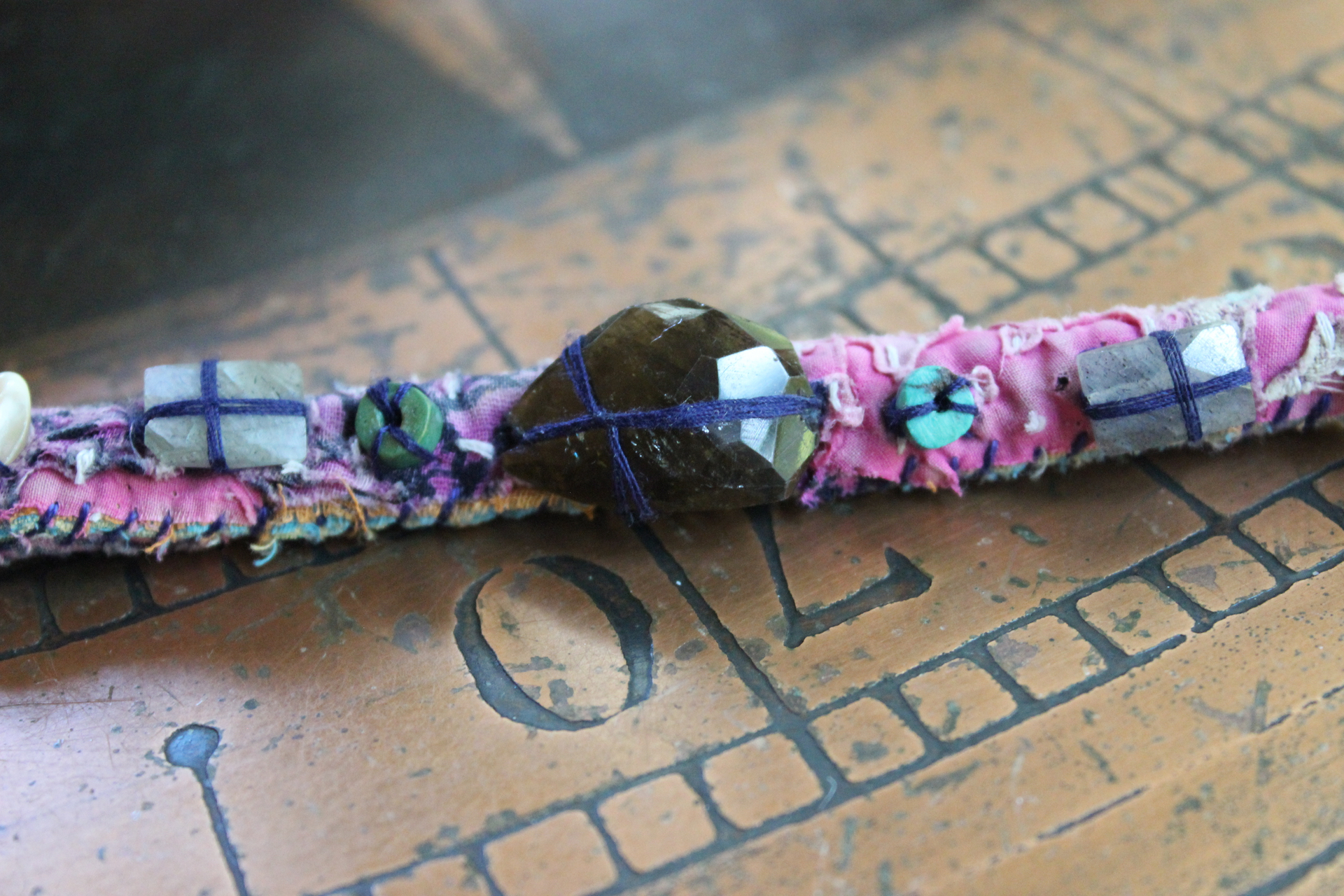 NEW! Set of 3 Antique Kantha Textile Bracelets with Faceted Tourmaline, Faceted and Polished Gemstones,Kantha Tassel, Shell Buttons