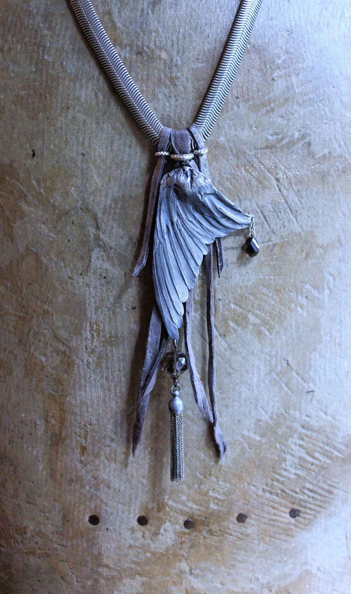 NEW! Divine Bird Necklace with Cast Bird Wing, Unique Chain and Leather Ties, Faceted Smoky Quartz, Vintage Chain Tassel