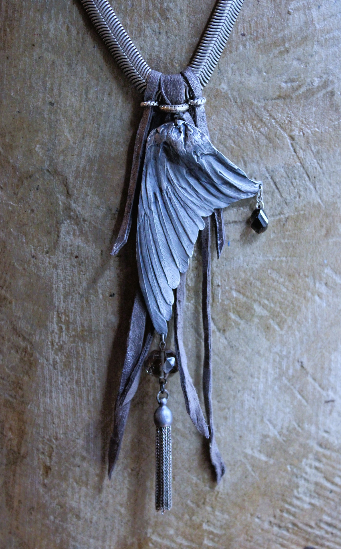 NEW! Divine Bird Necklace with Cast Bird Wing, Unique Chain and Leather Ties, Faceted Smoky Quartz, Vintage Chain Tassel