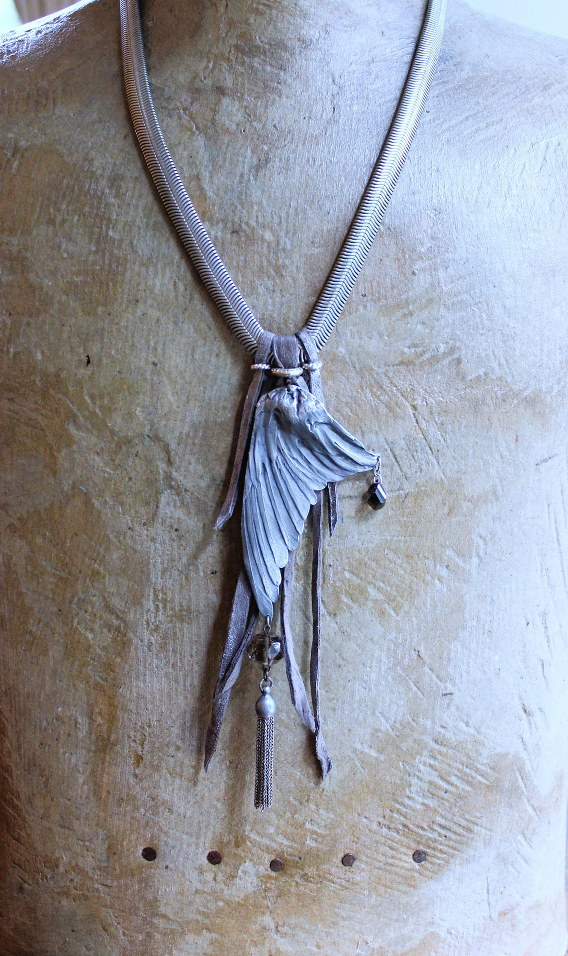 NEW! Divine Bird Necklace with Cast Bird Wing, Unique Chain and Leather Ties, Faceted Smoky Quartz, Vintage Chain Tassel