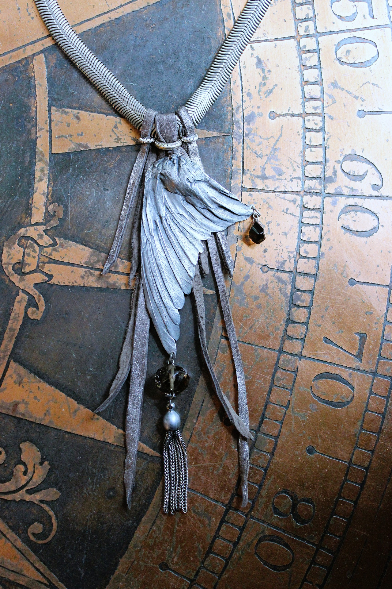 NEW! Divine Bird Necklace with Cast Bird Wing, Unique Chain and Leather Ties, Faceted Smoky Quartz, Vintage Chain Tassel