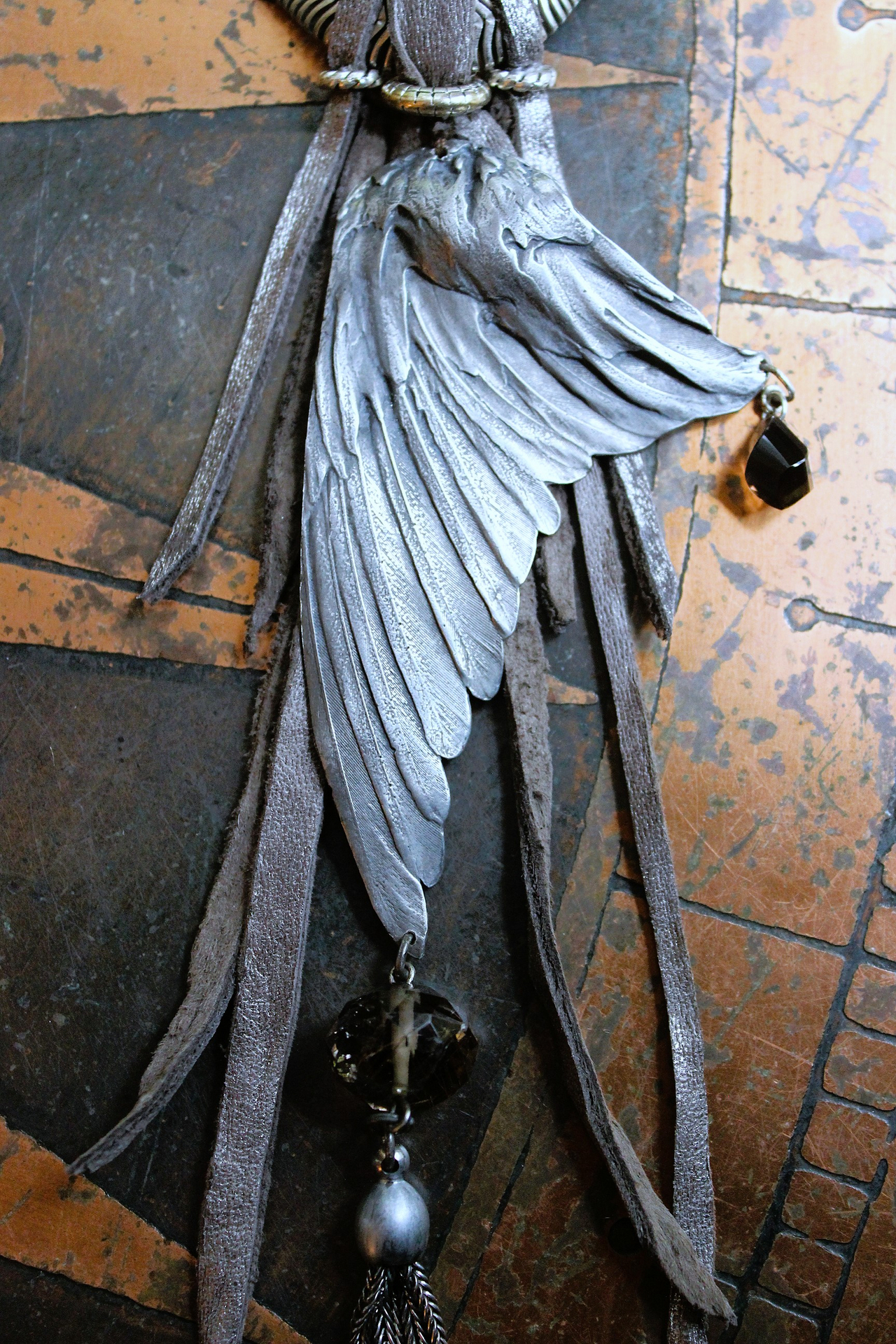NEW! Divine Bird Necklace with Cast Bird Wing, Unique Chain and Leather Ties, Faceted Smoky Quartz, Vintage Chain Tassel