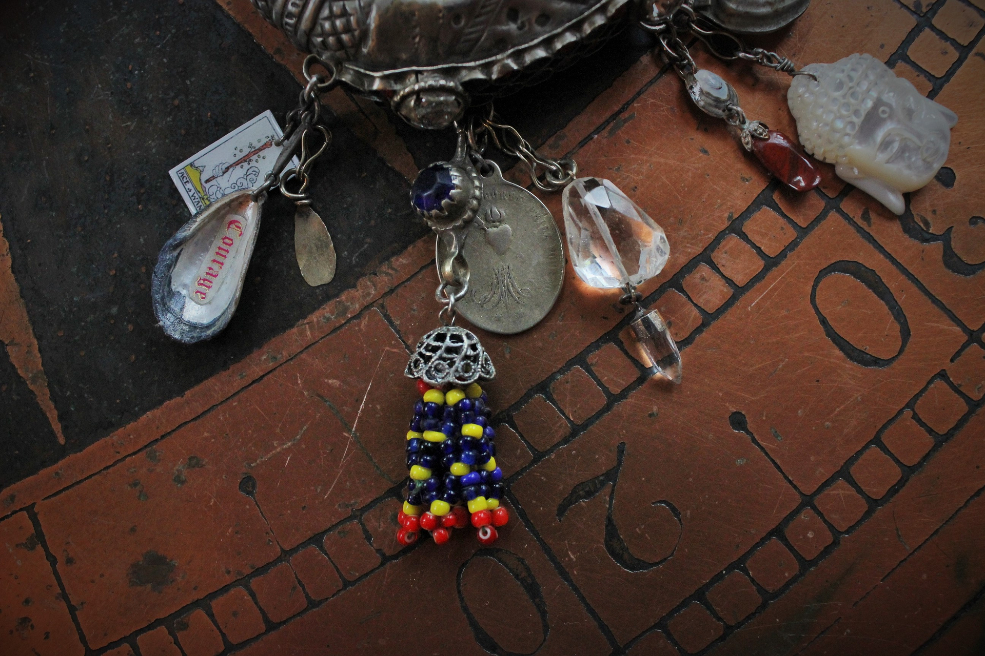 Unique Antique Gypsy Nomad Cuff Bracelet w/Inset Faceted Crystal Stones,Faceted Rock Quartz,2 Miniature Tarot Cards,Red Coral Stick,Found Shells +More!