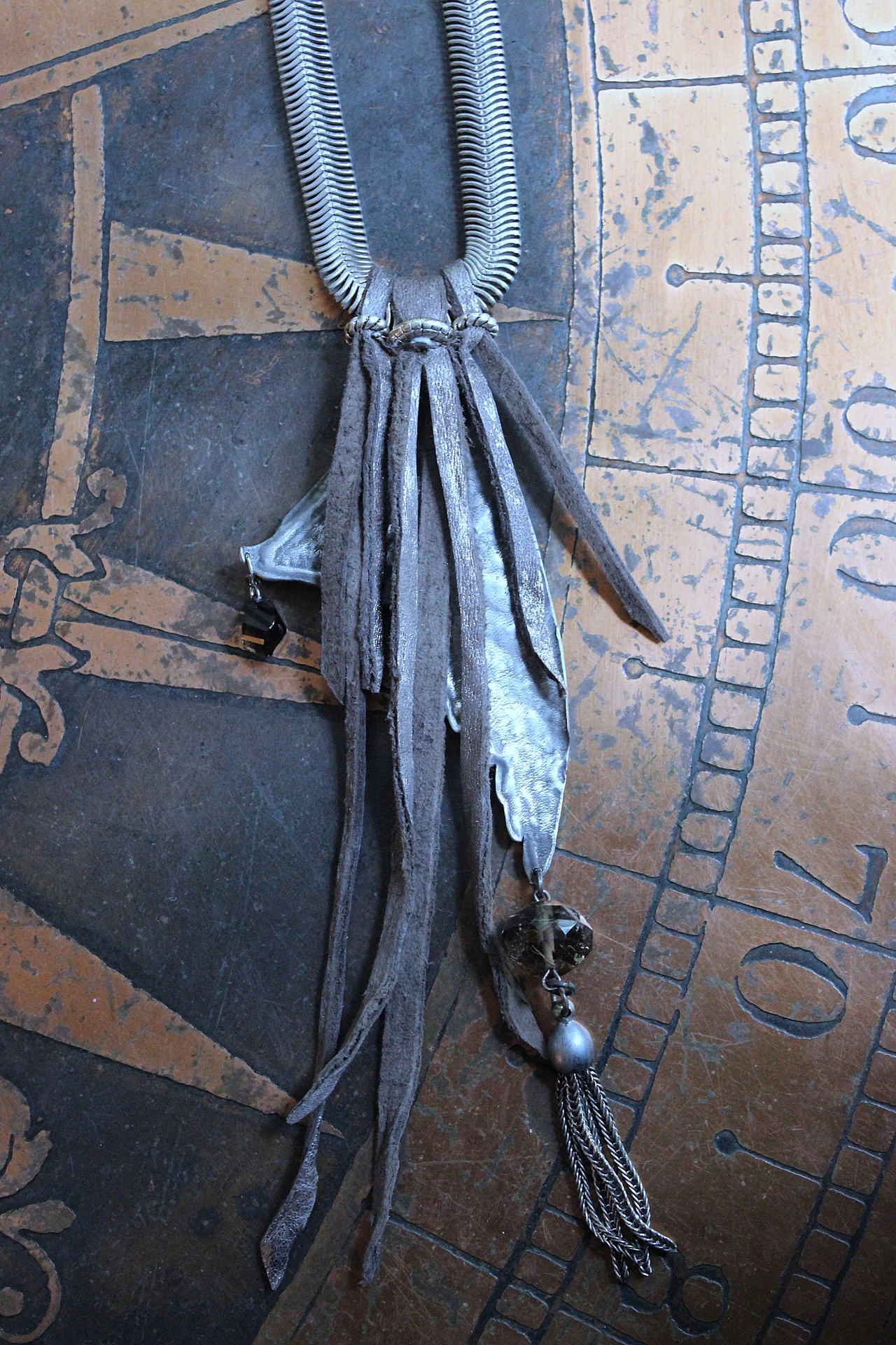 NEW! Divine Bird Necklace with Cast Bird Wing, Unique Chain and Leather Ties, Faceted Smoky Quartz, Vintage Chain Tassel