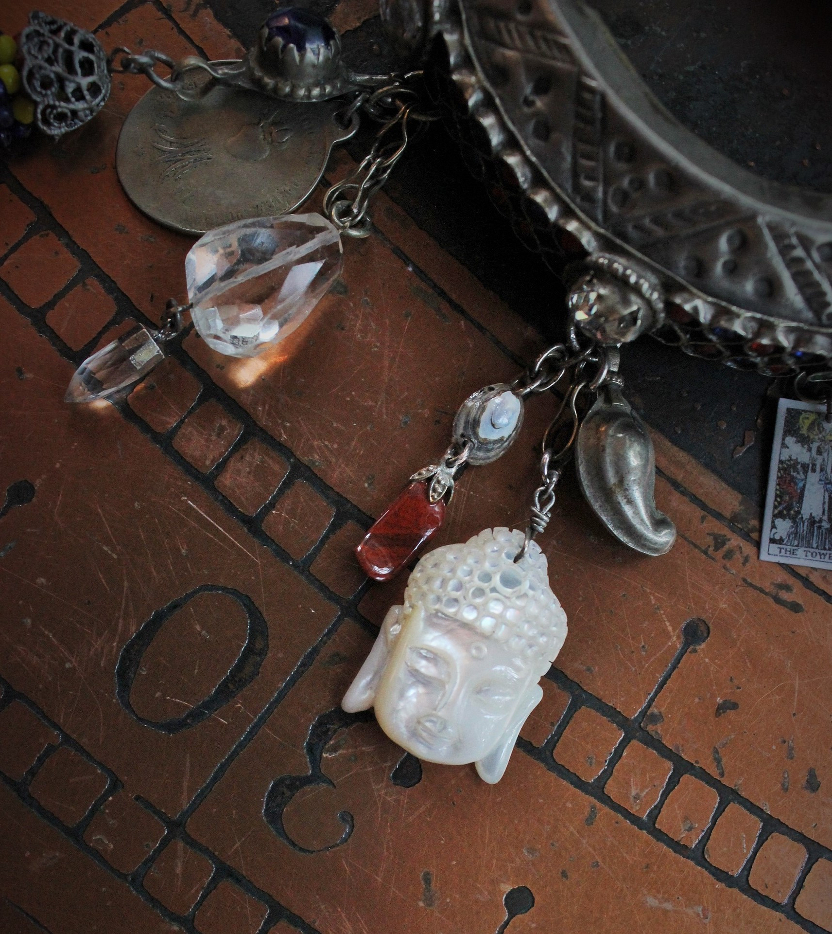 Unique Antique Gypsy Nomad Cuff Bracelet w/Inset Faceted Crystal Stones,Faceted Rock Quartz,2 Miniature Tarot Cards,Red Coral Stick,Found Shells +More!